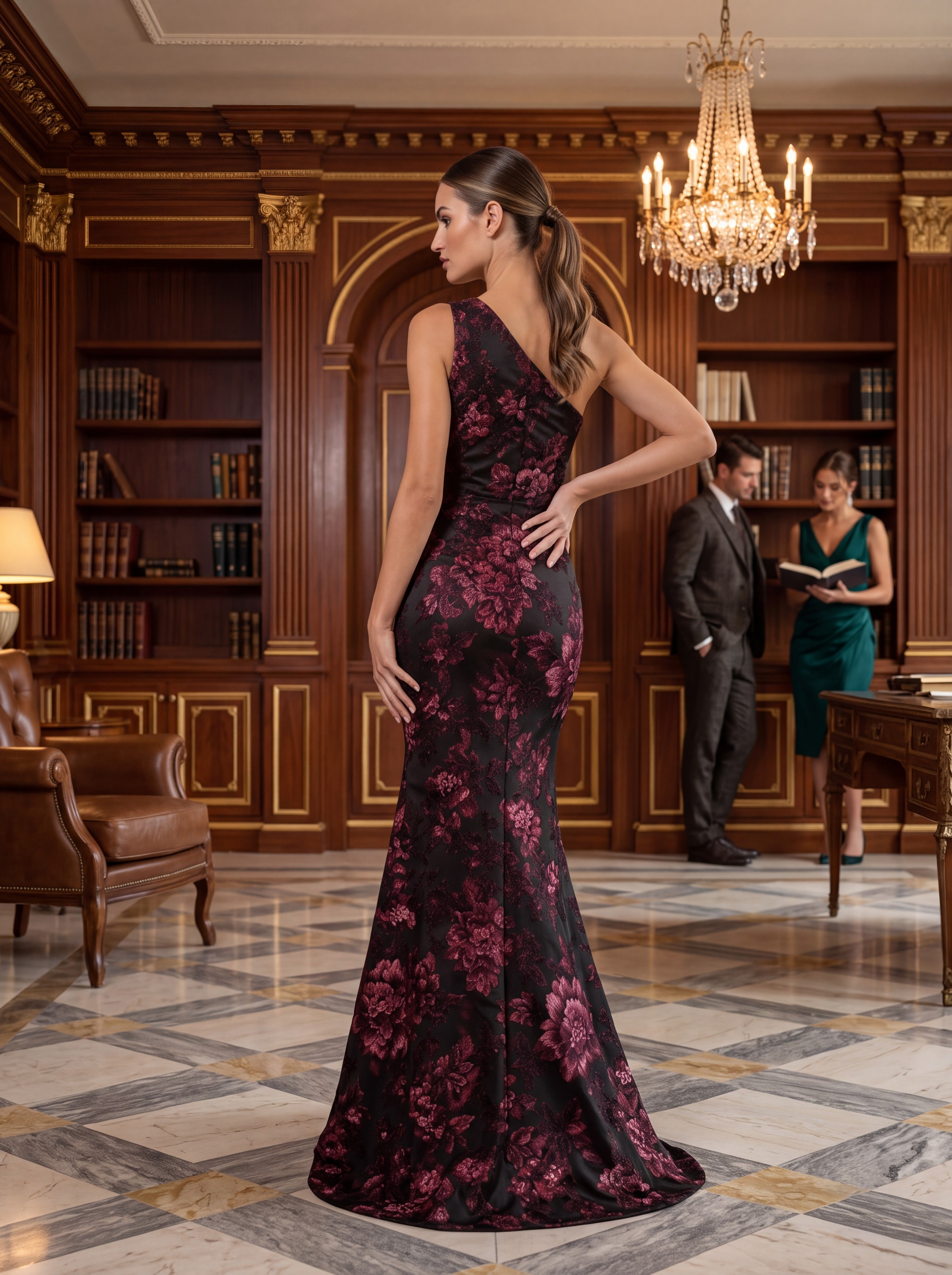 Black & Burgundy Floral Mermaid Evening Gown