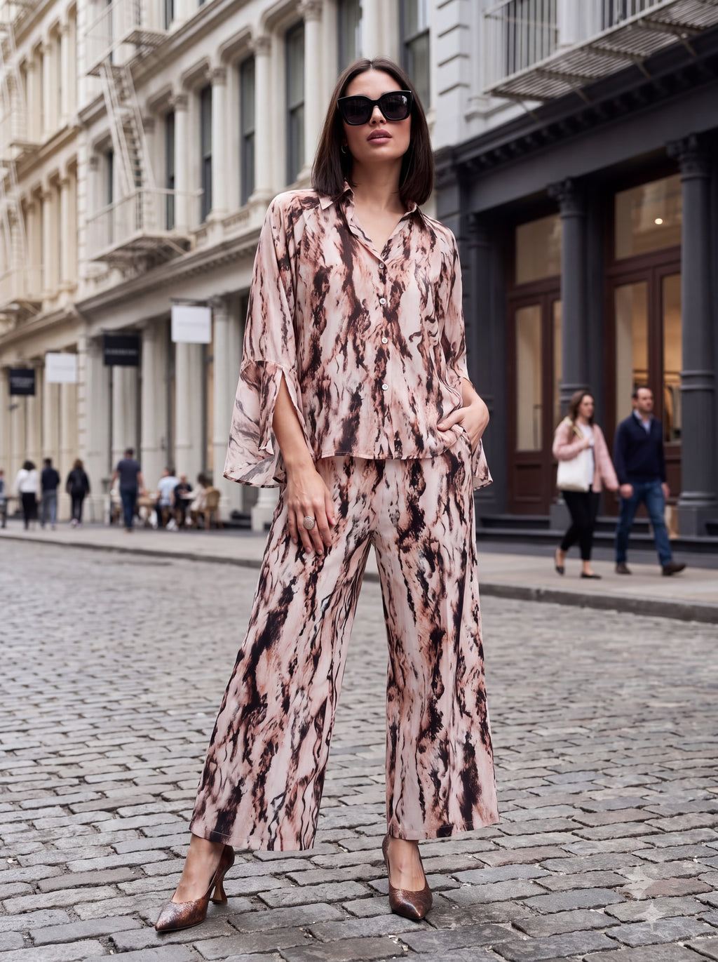 Women's Marble Print Pair Collection | Premium European Women's Printed Shirt & Wide-Leg Trouser Pair
