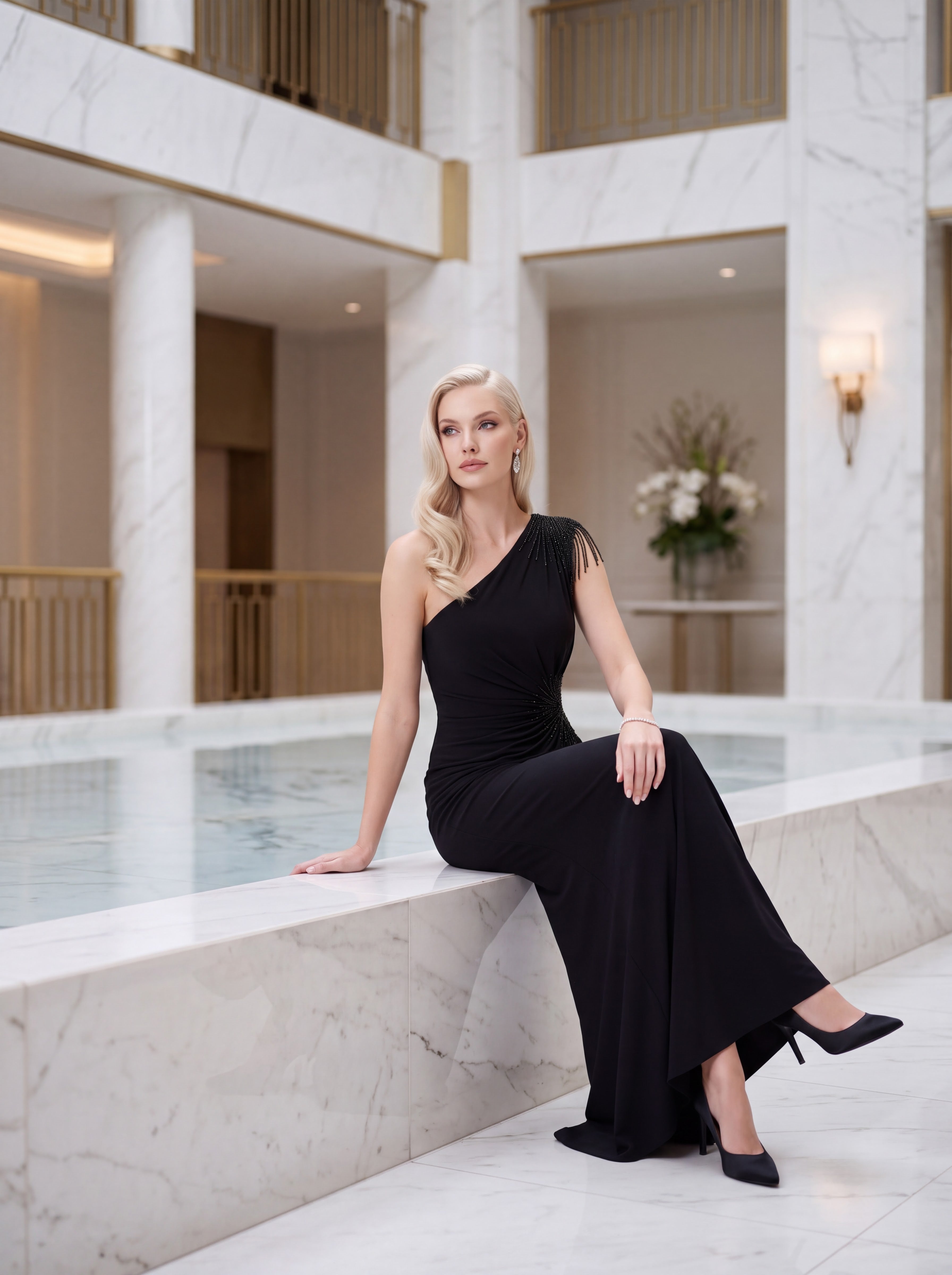 Black One-Shoulder Embellished Evening Gown