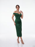 Emerald Green Off-Shoulder Satin Midi Dress