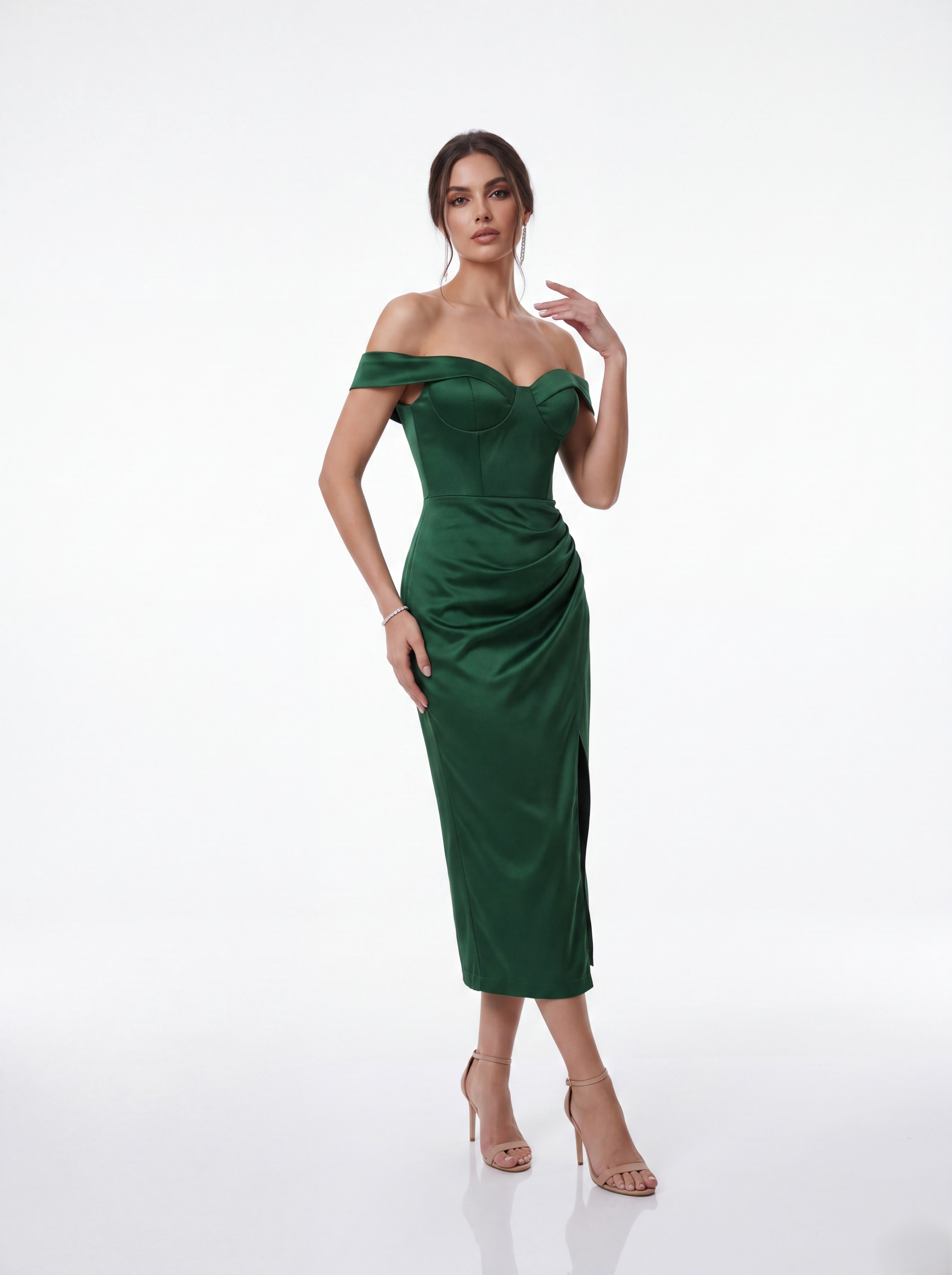 Emerald Green Off-Shoulder Satin Midi Dress