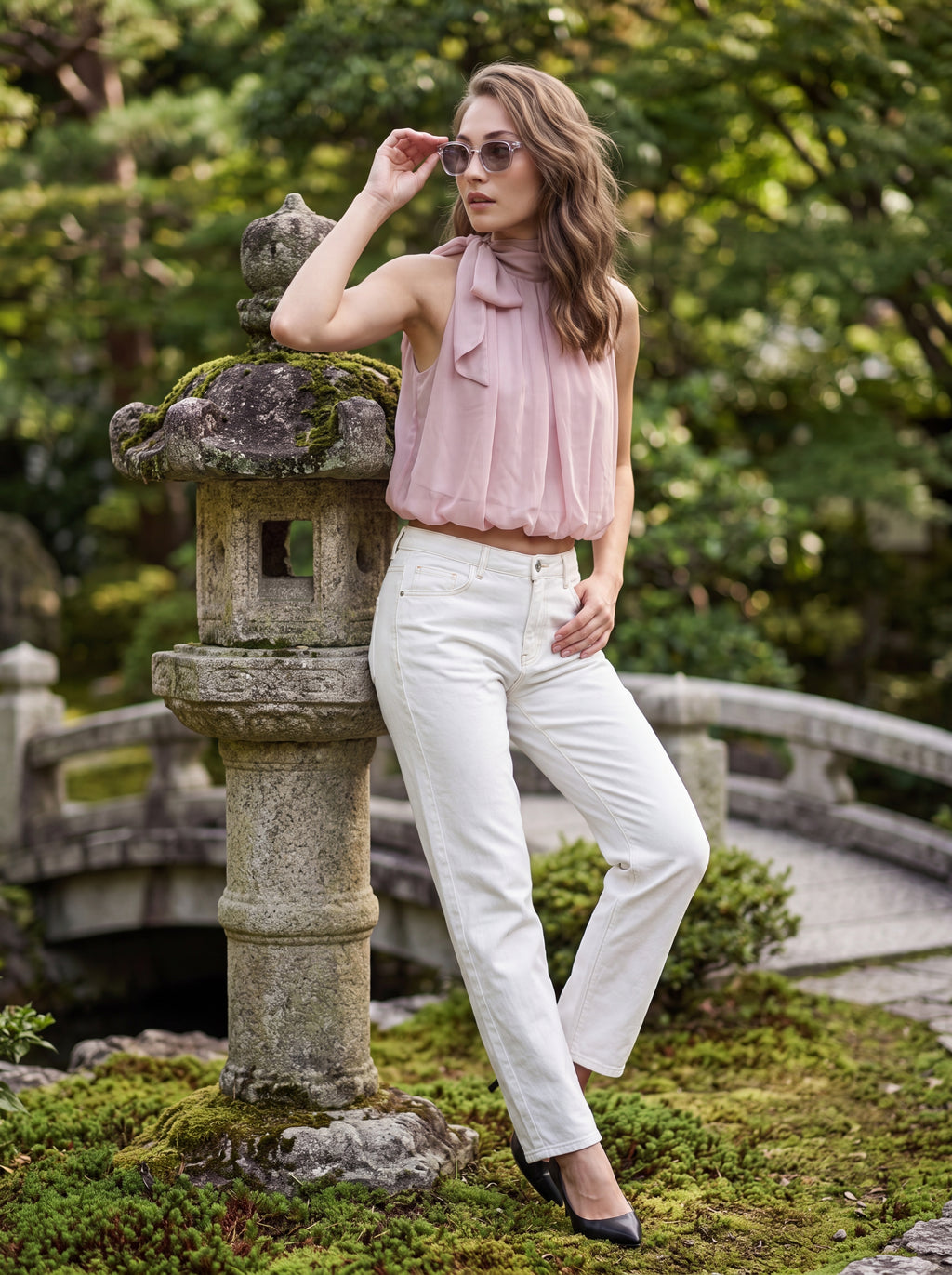 Women's Blush Pink Bow Neck Sleeveless Top | Premium European Women's Elegant Blouse