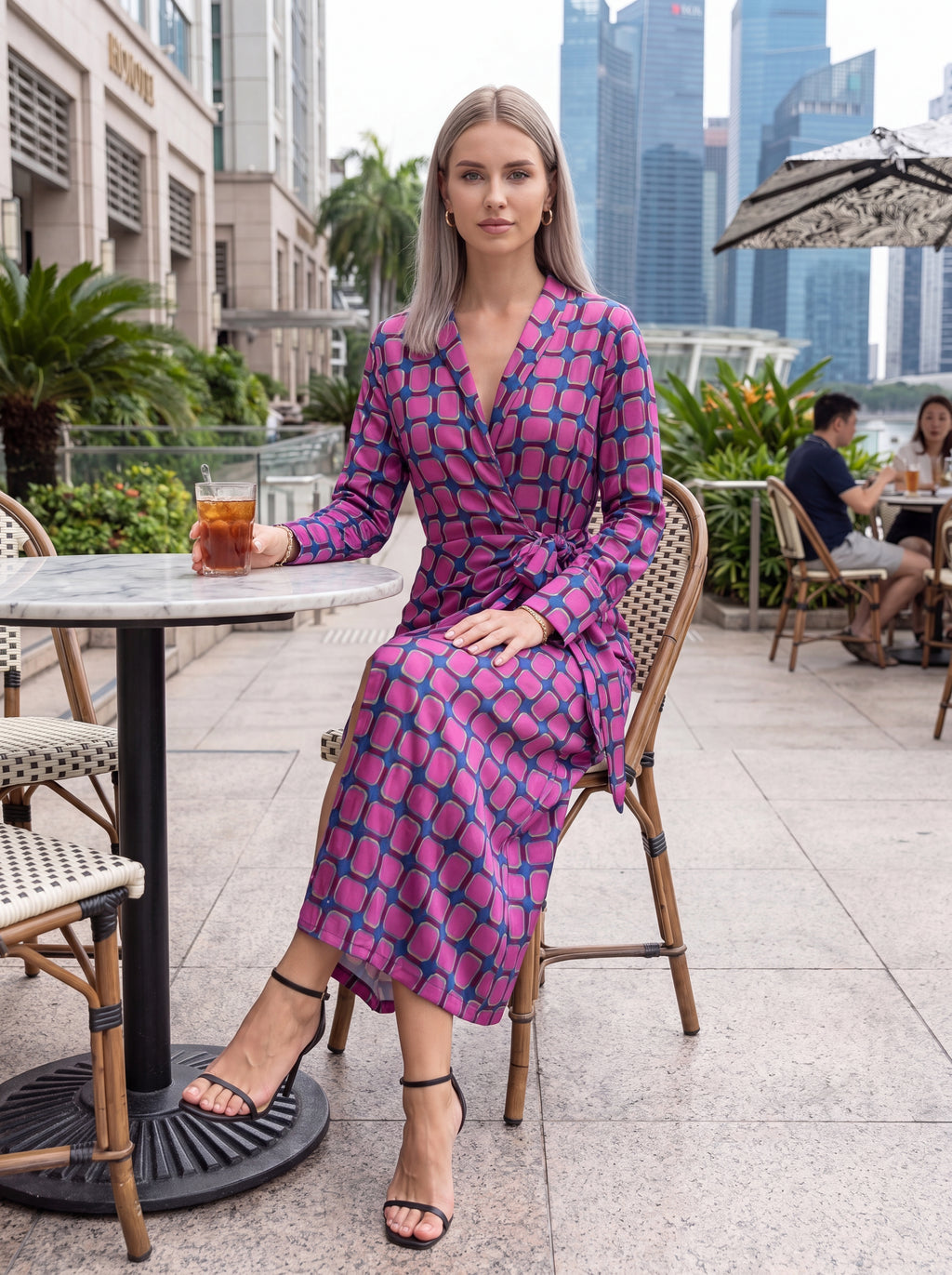 Women's Pink & Purple Geometric Wrap Midi Dress – Premium European Printed Long Sleeve Dress