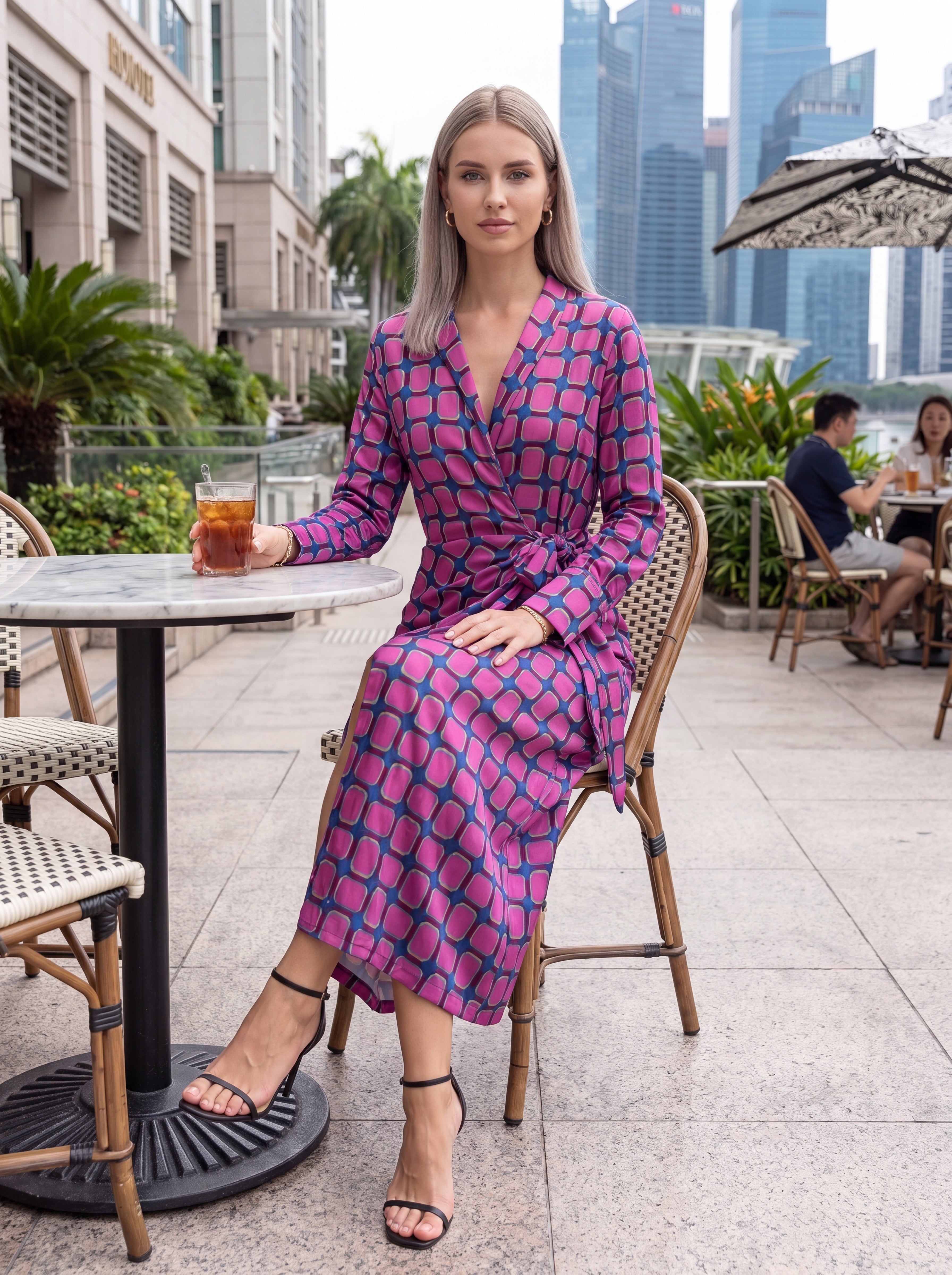 Women's Pink & Purple Geometric Wrap Midi Dress – Premium European Printed Long Sleeve Dress