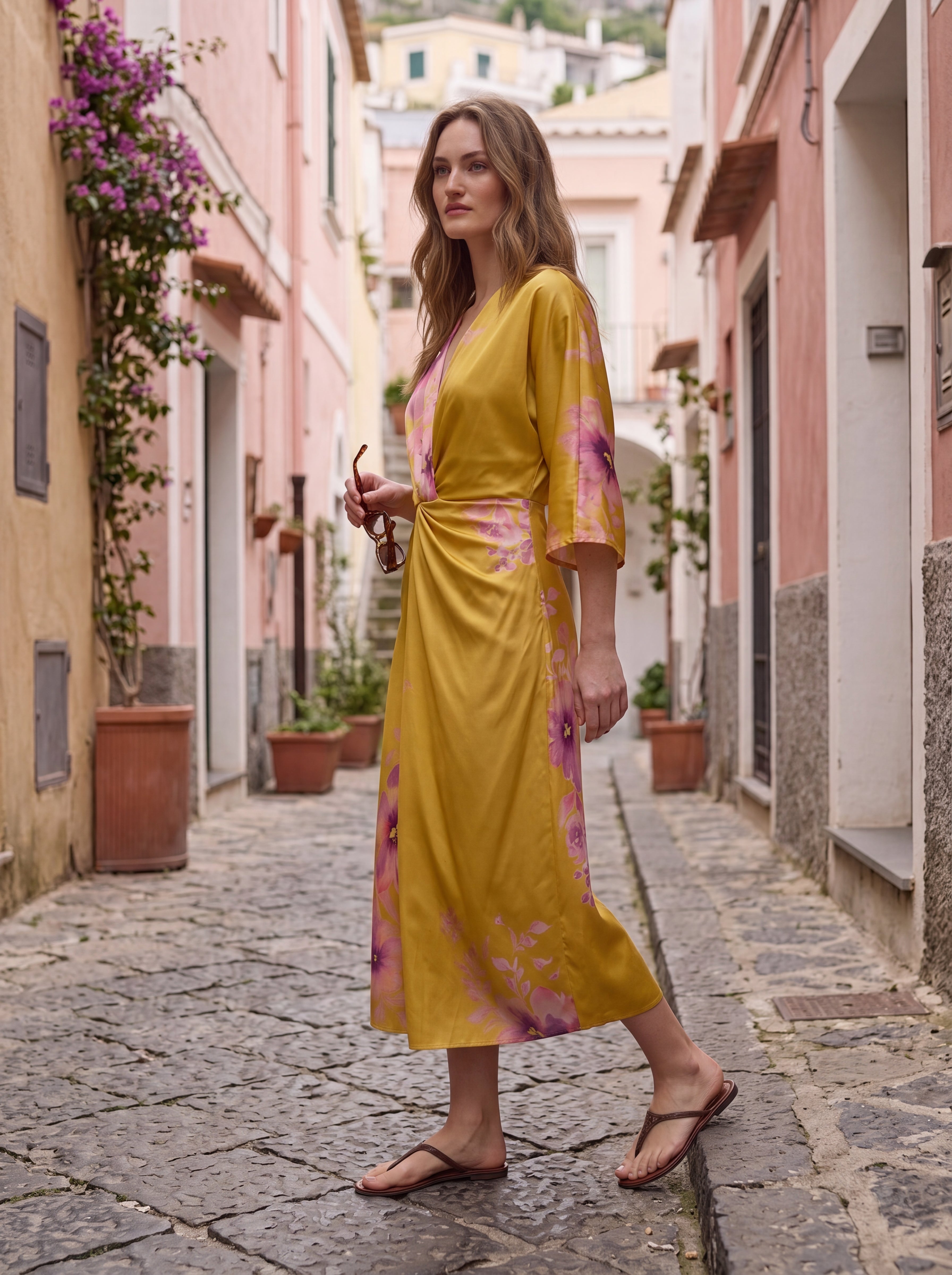 Women's Floral Satin Twist Waist Midi Dress – Mustard Yellow