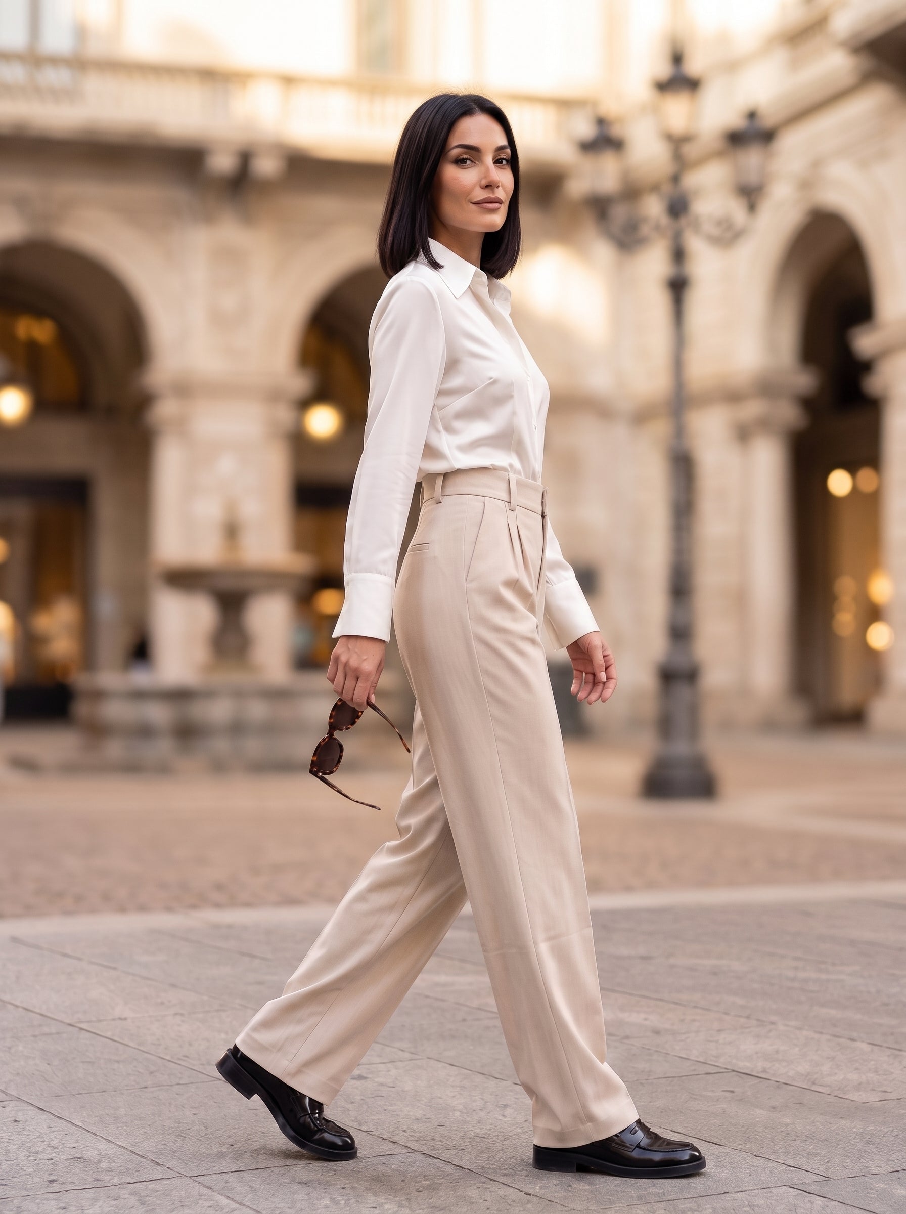 Women's Beige High-Waisted Wide-Leg Tailored Trousers – Premium European Formal Office Pants
