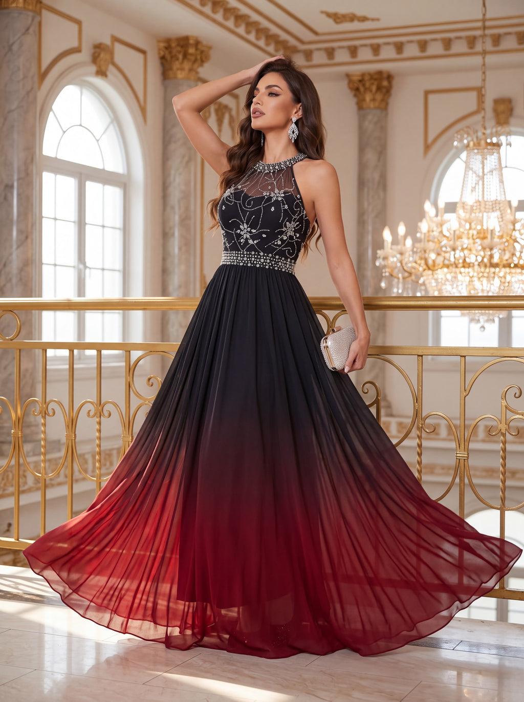Ombre Embellished Chiffon Evening Gown