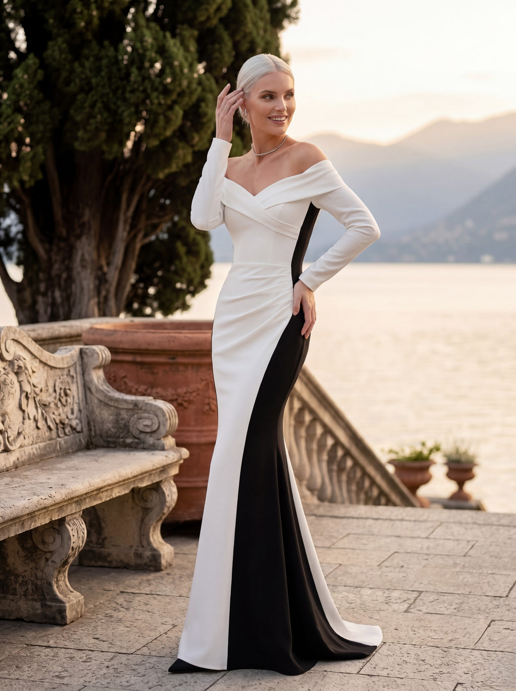 White & Black Off-Shoulder Mermaid Evening Gown