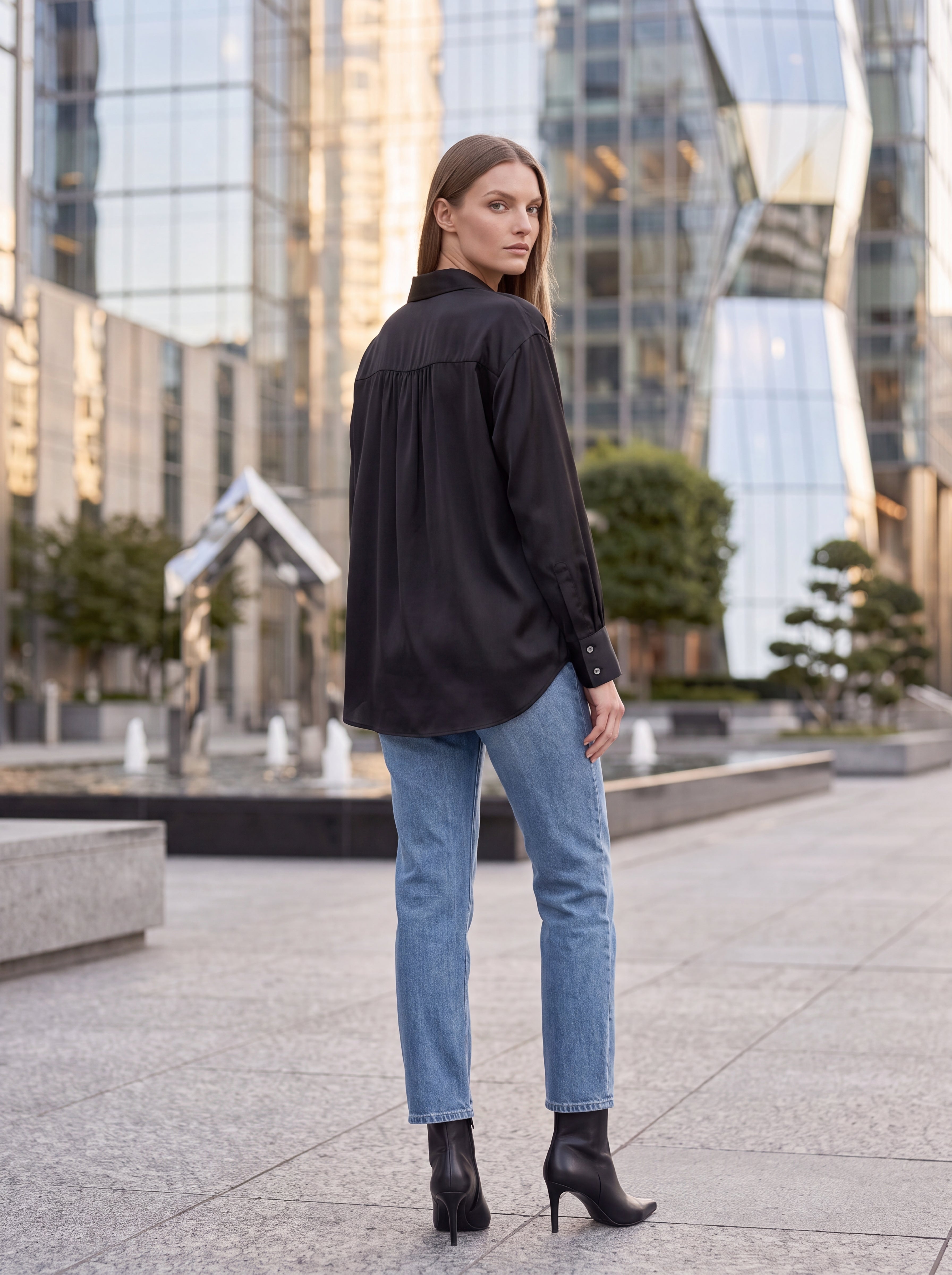 Women's Black Satin Button-Down Shirt | Premium European Long Sleeve Elegant Blouse
