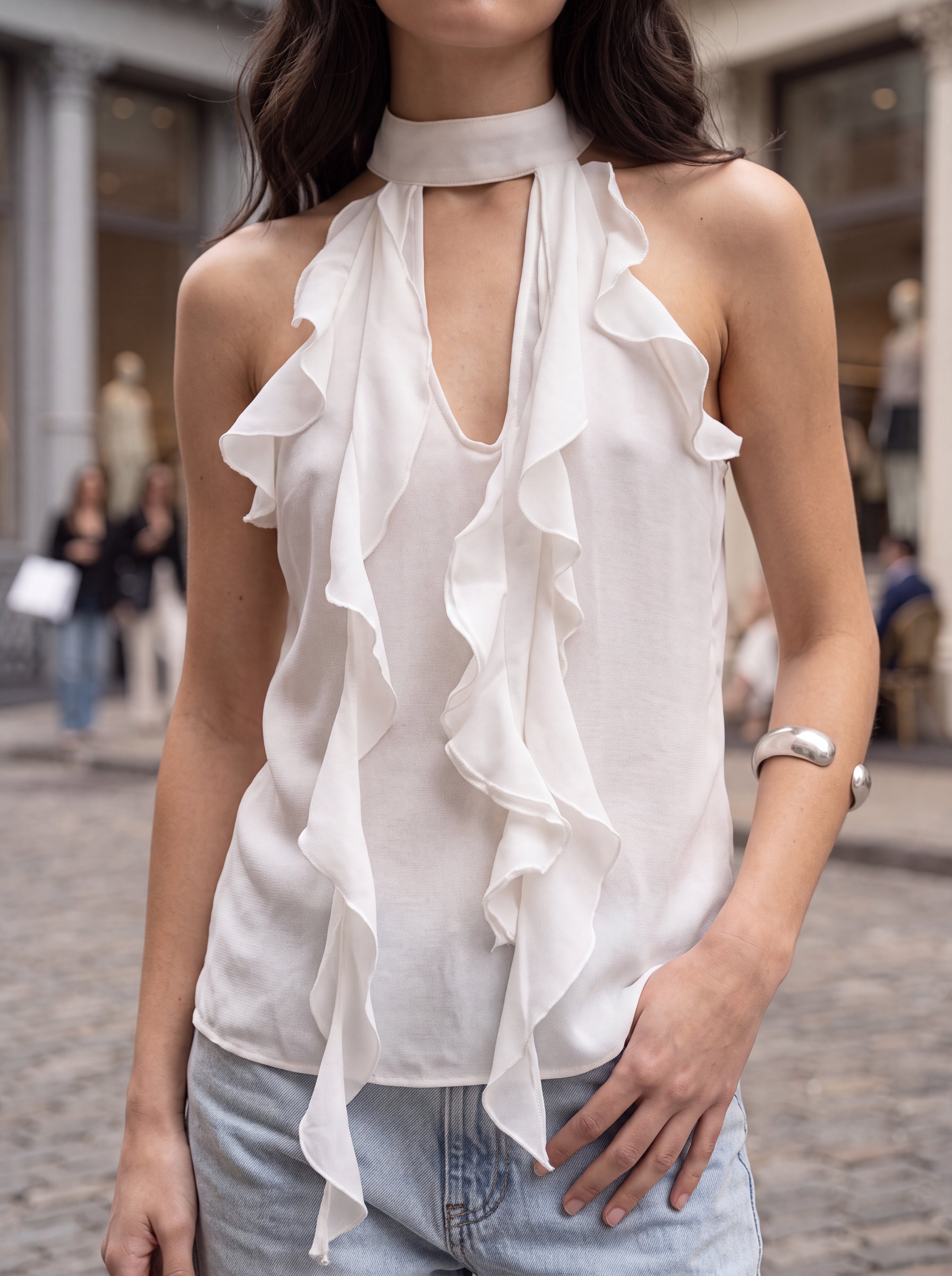 Women's White Ruffle Halter Neck Top | Elegant Sleeveless Chiffon Blouse