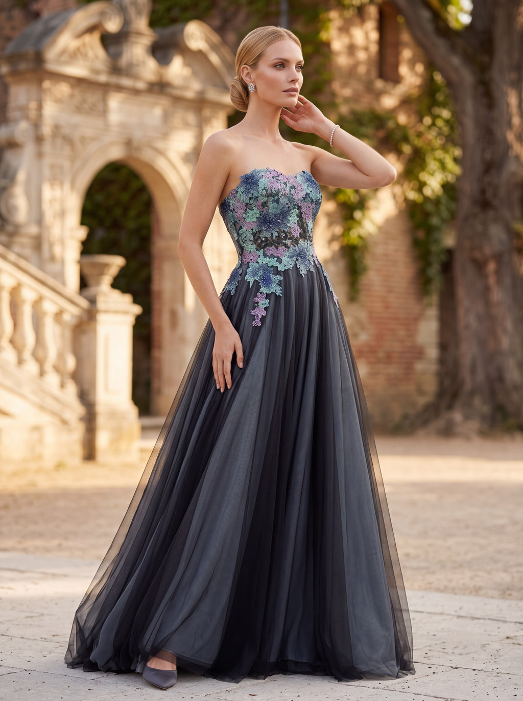 Charcoal Grey Floral Strapless Ball Gown