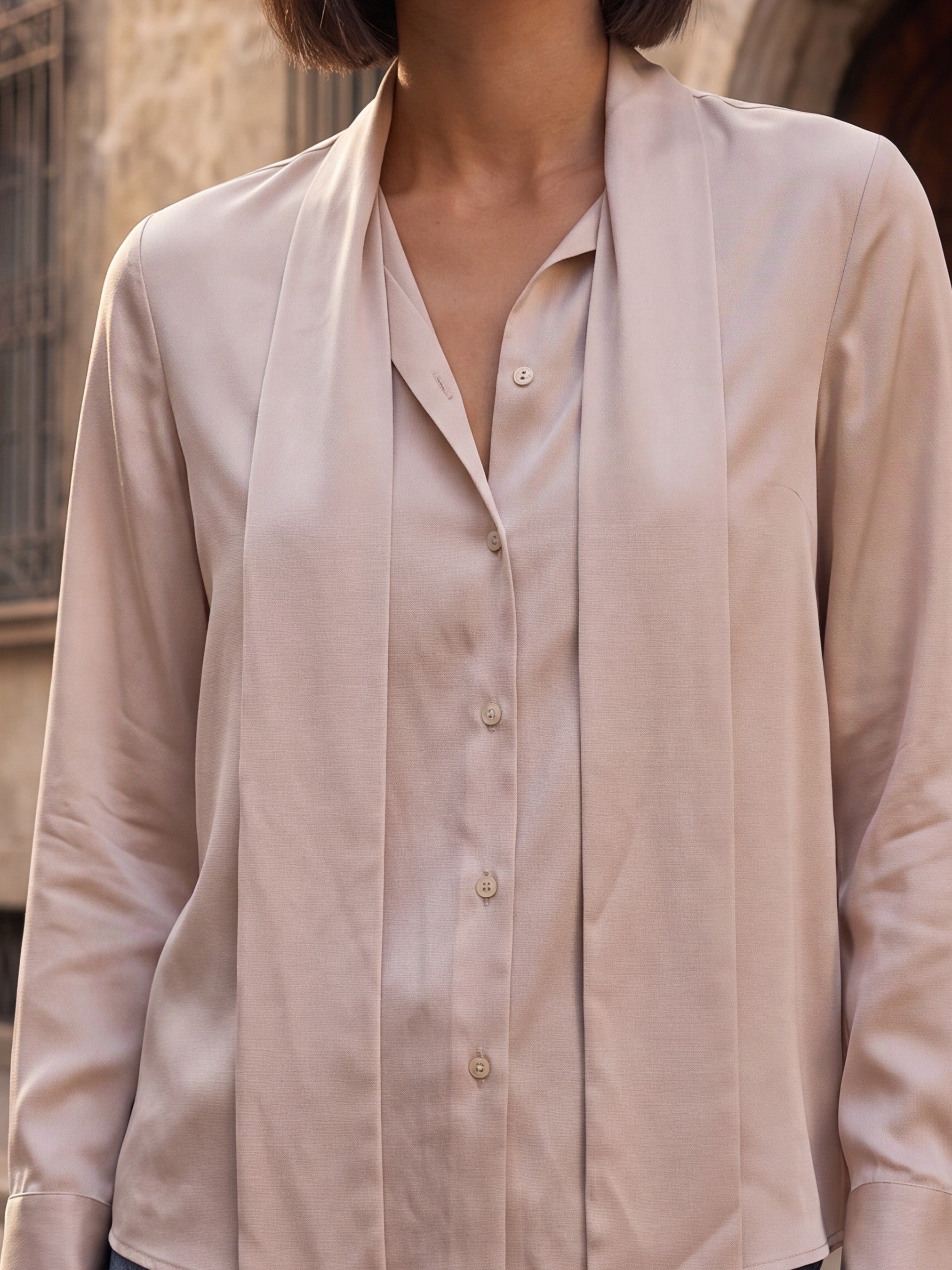 Women's Champagne Satin Tie-Neck Blouse | Premium European Elegant Shirt