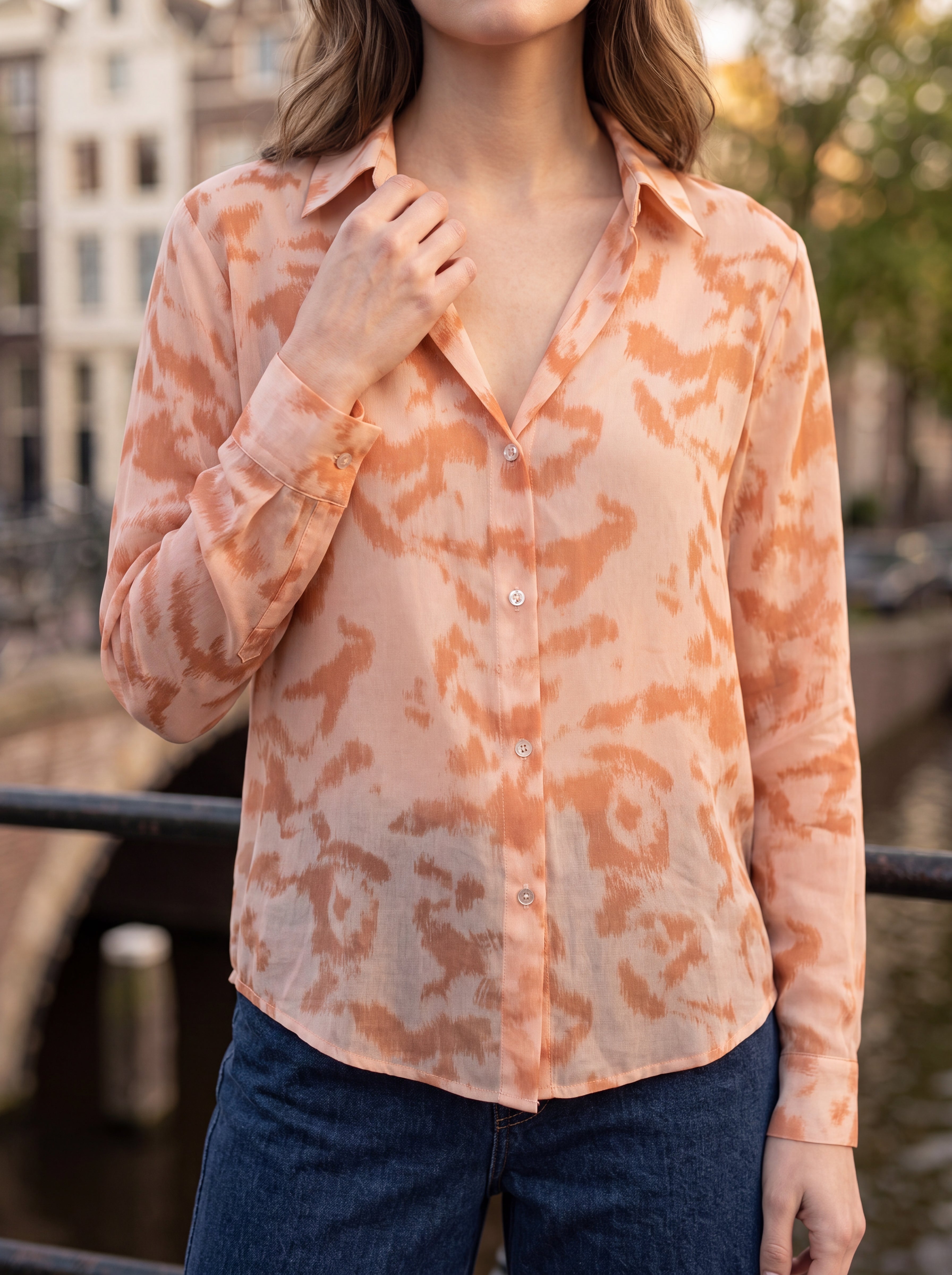 Women's Peach Tie-Dye Print Shirt | Premium Lightweight Long Sleeve Casual Shirt