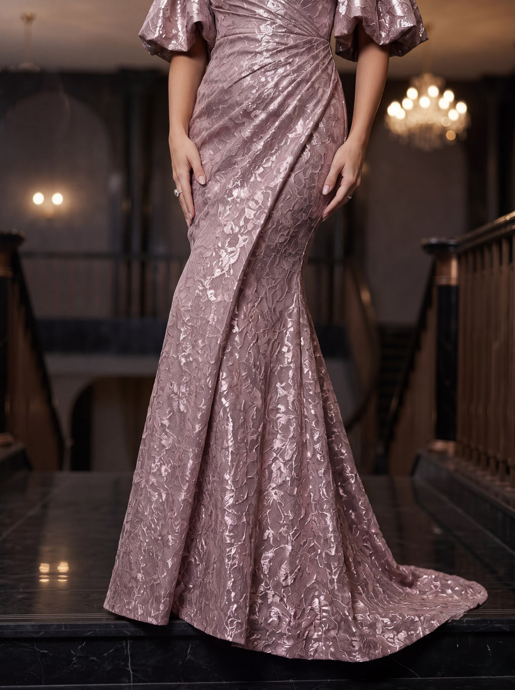 Rose Gold Off-Shoulder Metallic Mermaid Evening Gown