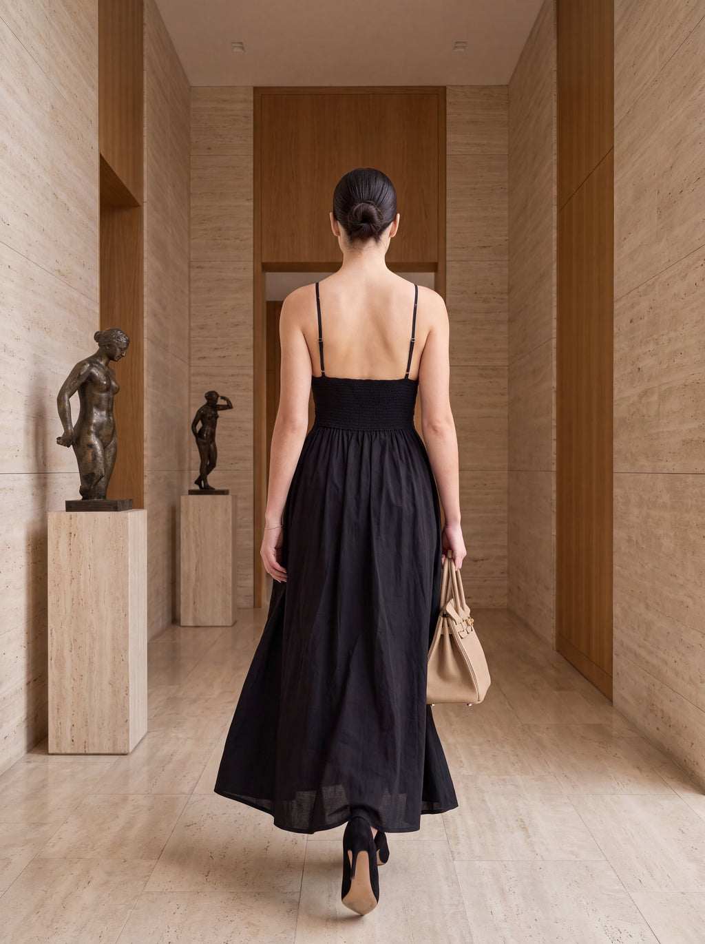 Women's Black Smocked Waist Maxi Dress – Elegant Sleeveless Cotton Midi Dress