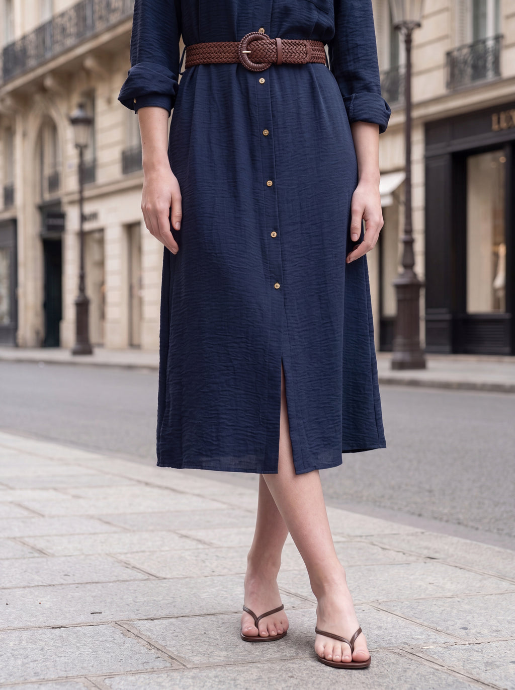 Women's Navy Button-Front Shirt Midi Dress with Belt