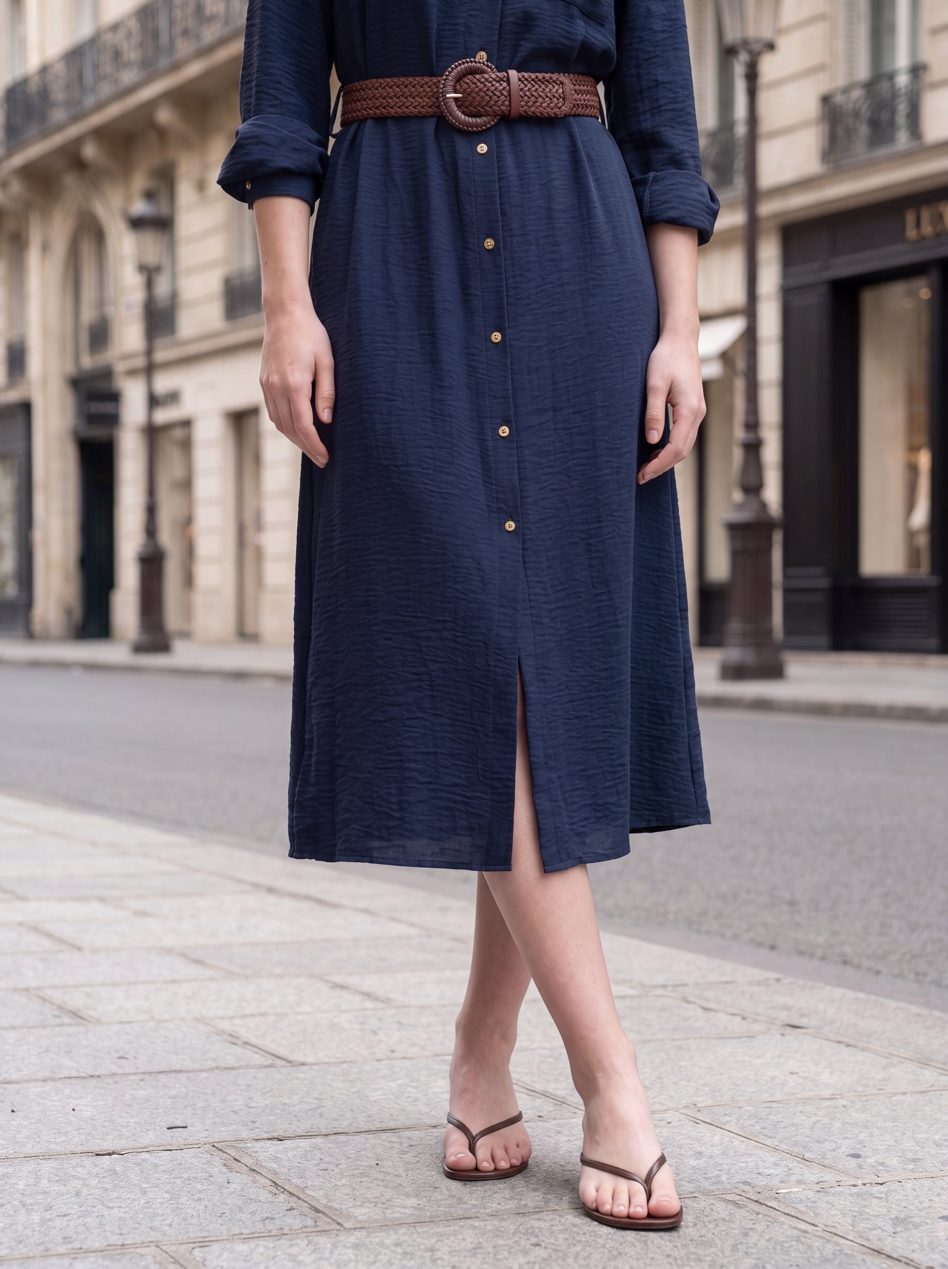 Women's Navy Button-Front Shirt Midi Dress with Belt