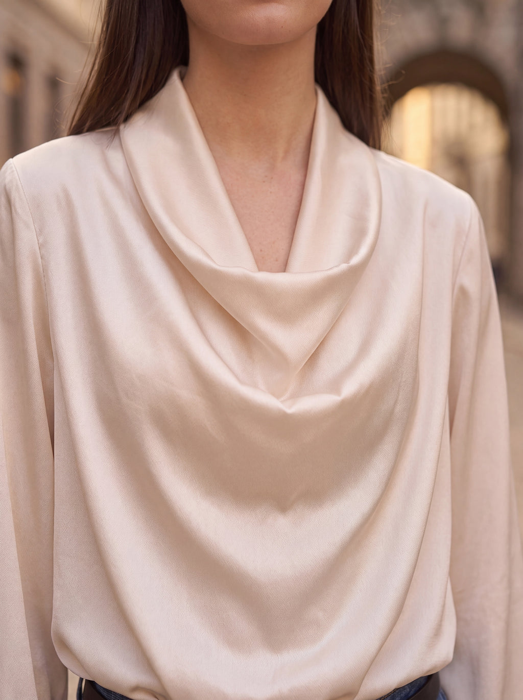 Women's Champagne Cowl Neck Satin top | Premium European Long Sleeve Top