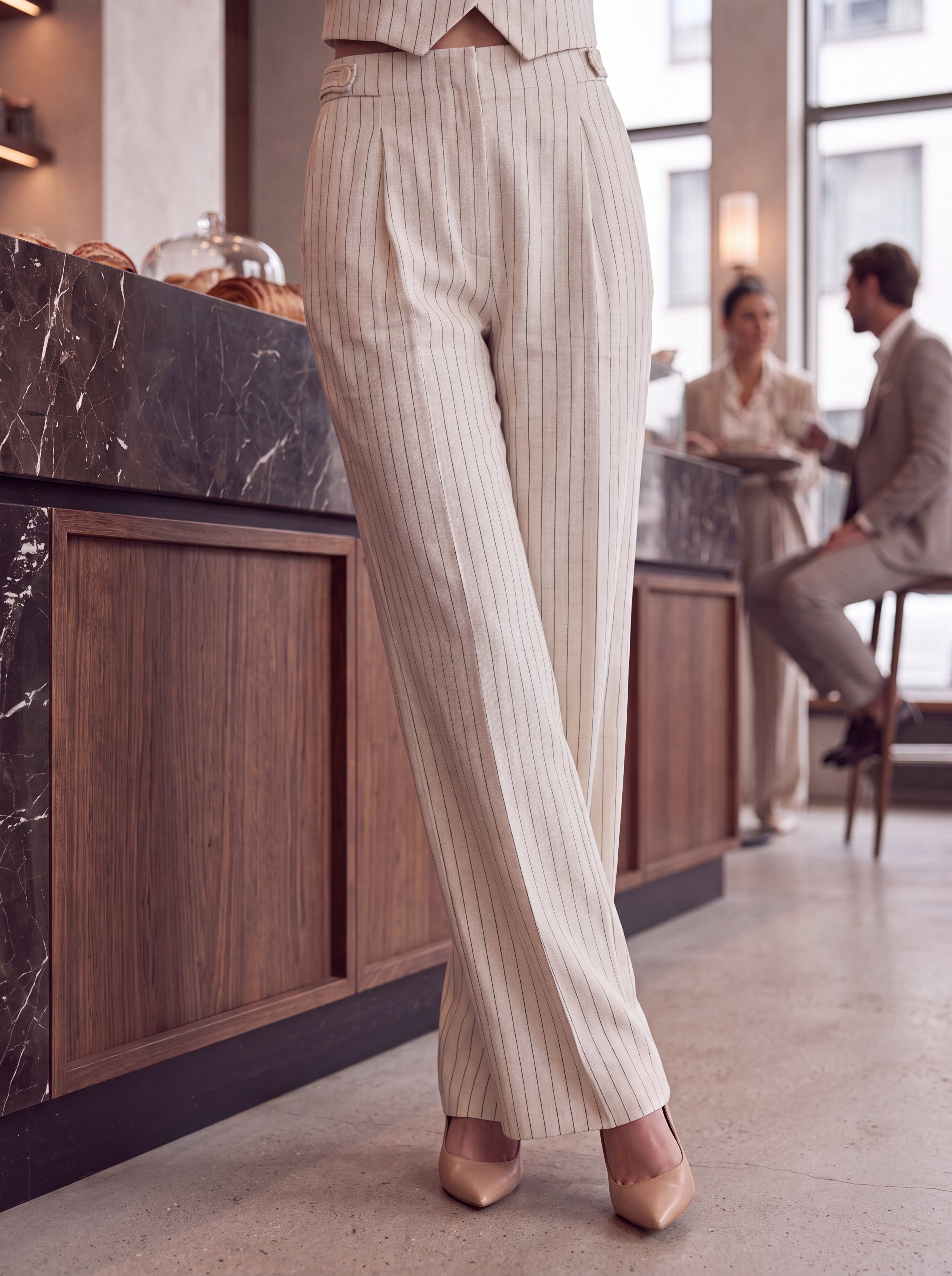 Women's Beige Pinstripe High-Waisted Wide Leg Tailored Trousers – Premium European Formal Pants