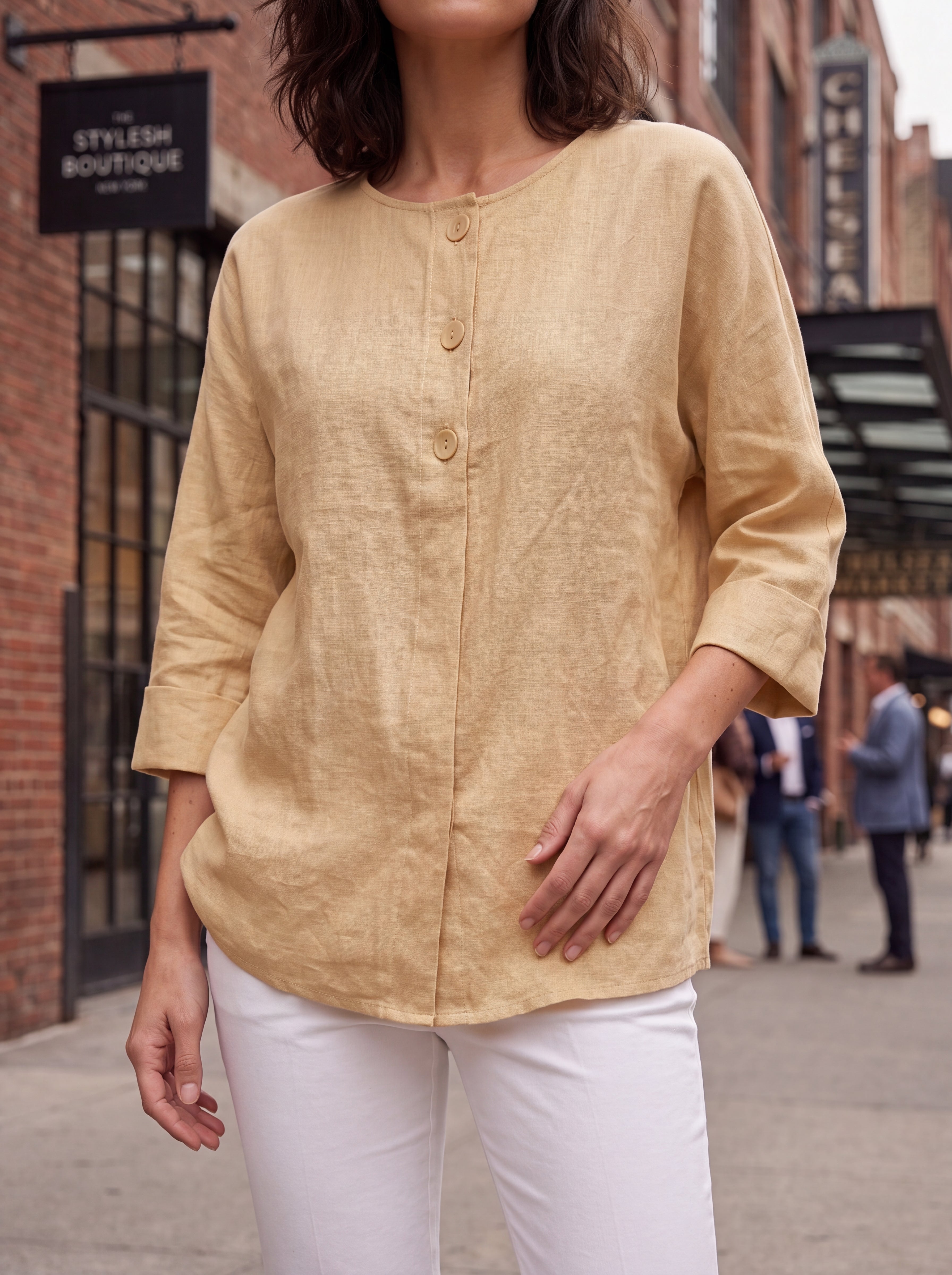 Women's Mustard Linen Button Detail Top | Premium Relaxed Casual Blouse