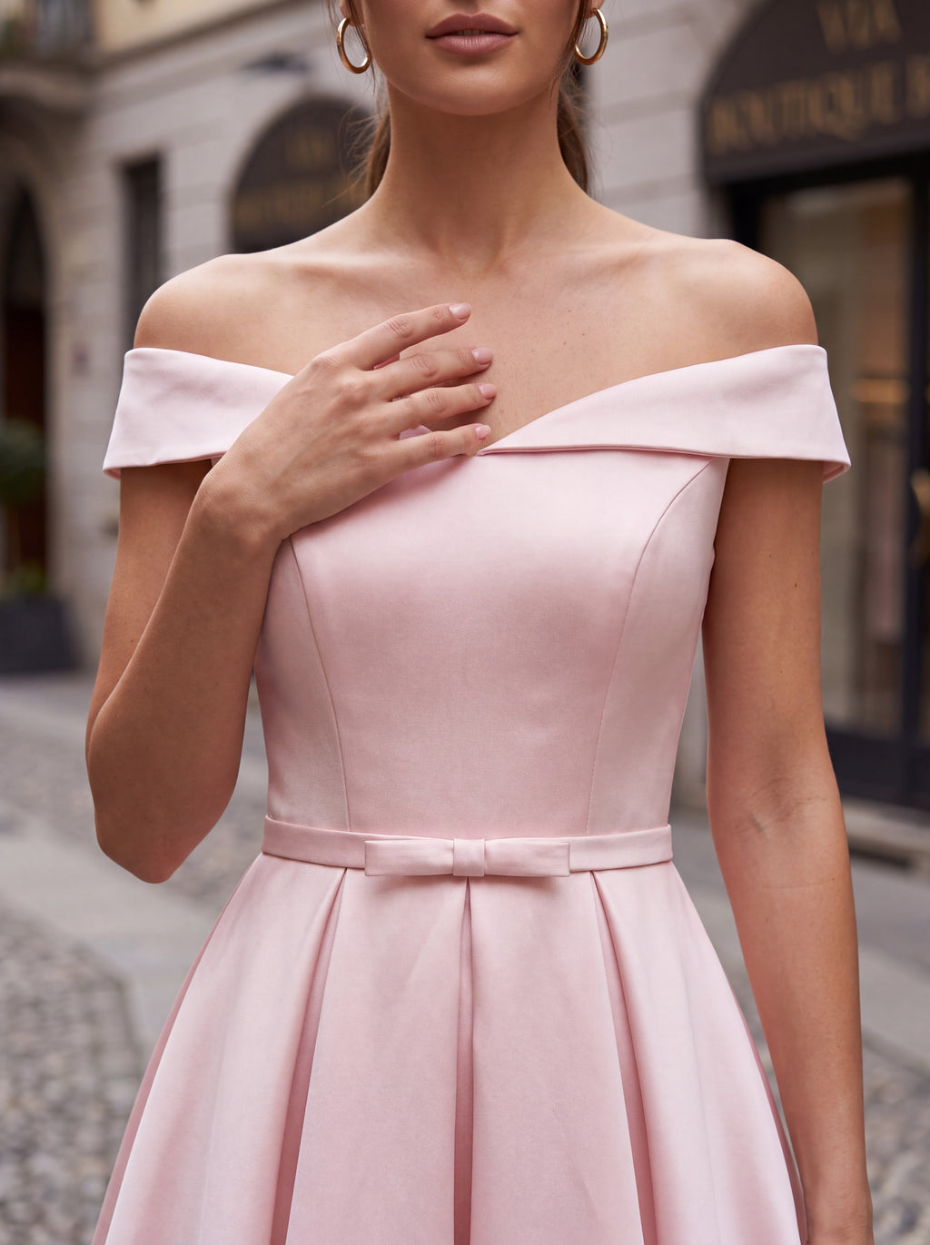 Blush Pink Satin Off-Shoulder Fit & Flare Dress