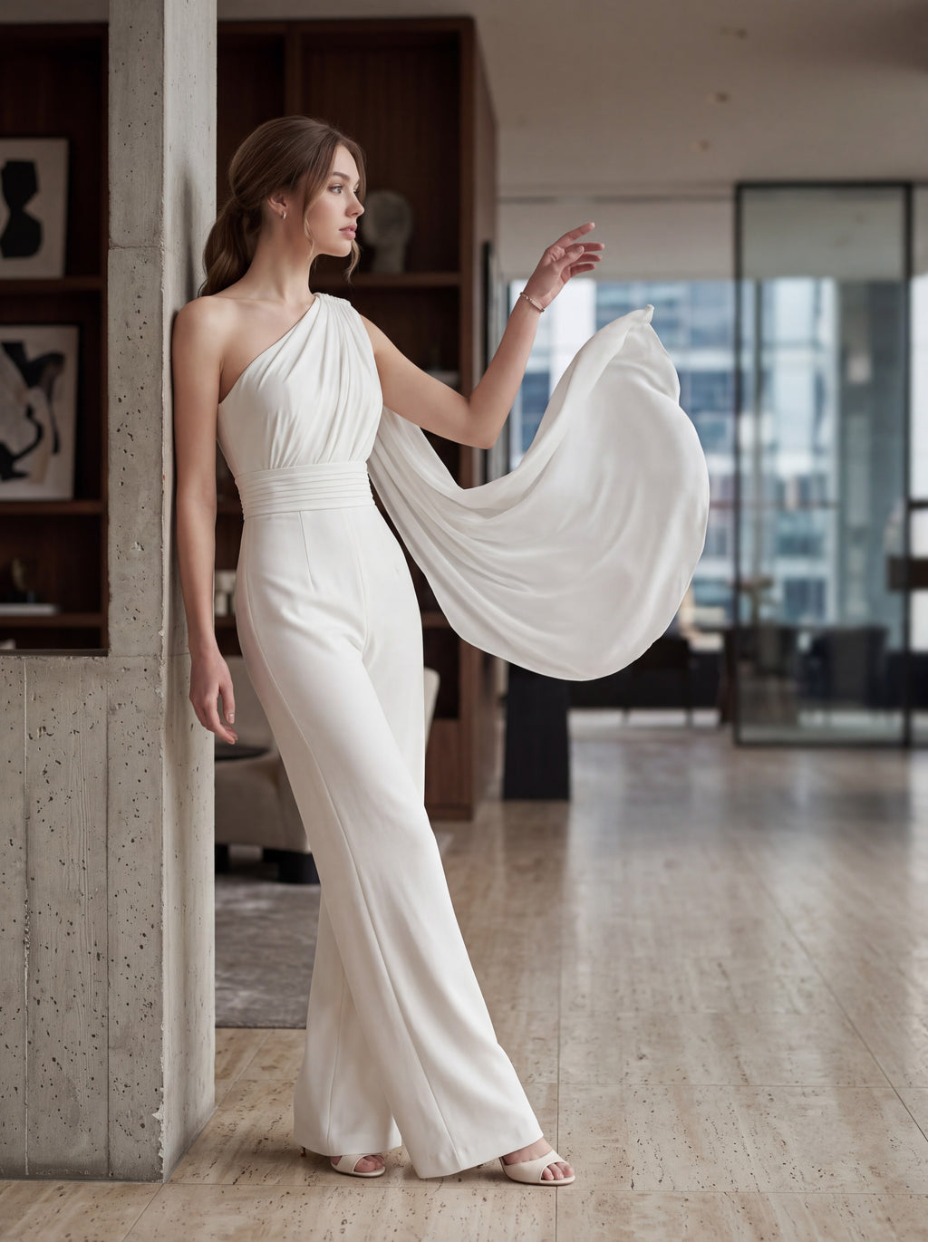 Ivory One-Shoulder Cape Jumpsuit