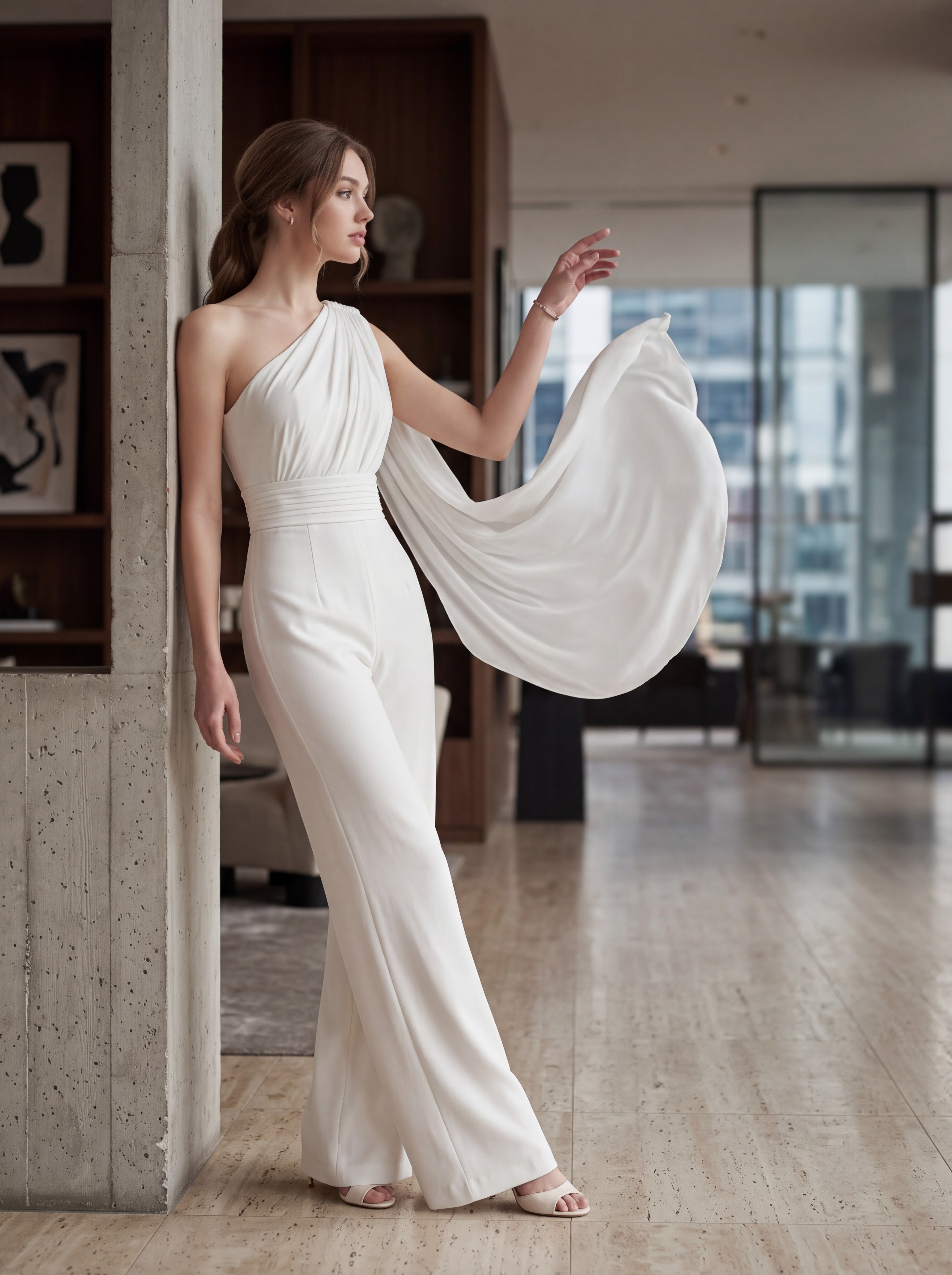 Ivory One-Shoulder Cape Jumpsuit
