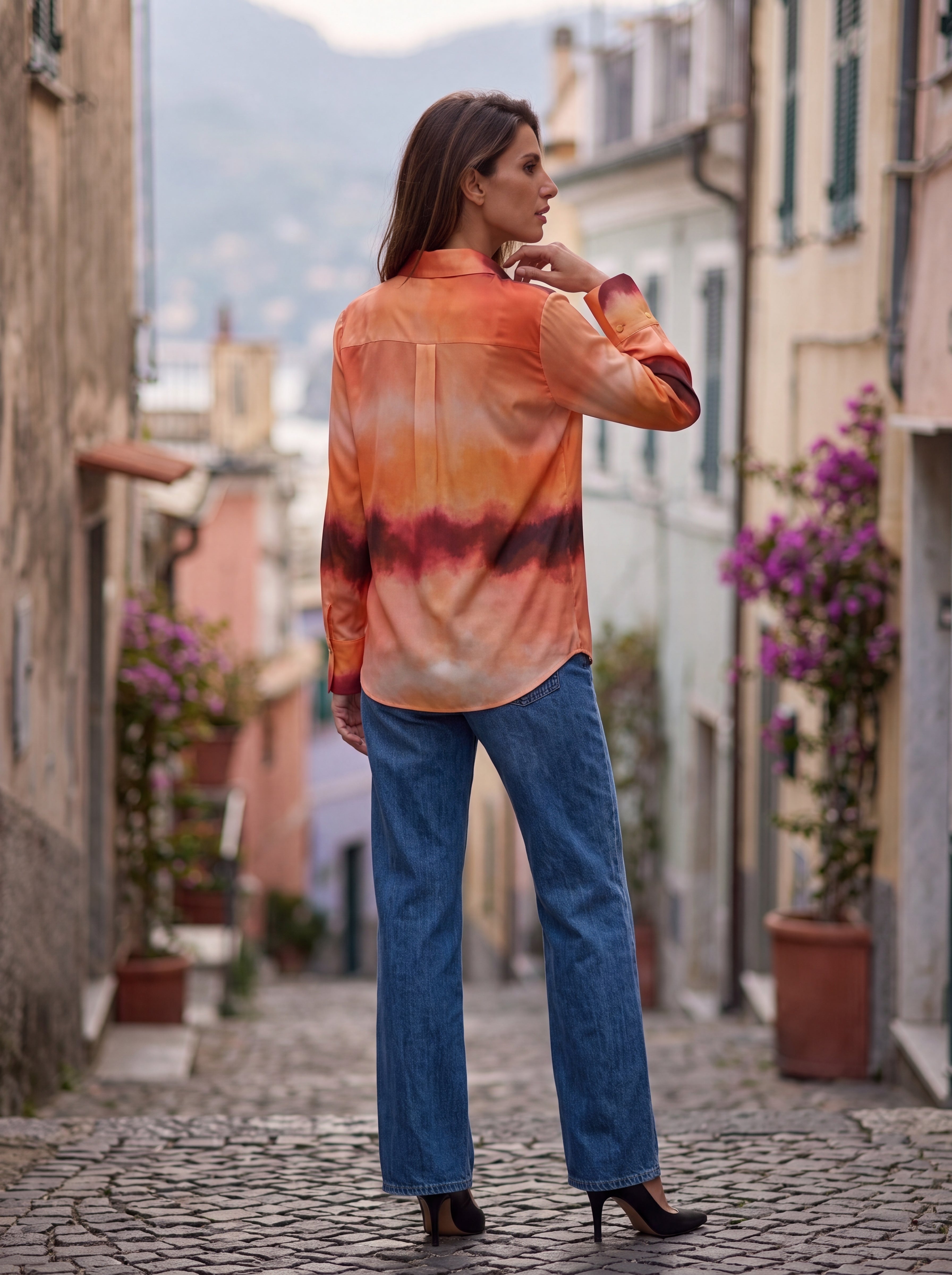 Women's Sunset Watercolor Print Shirt | Premium European Designer Long Sleeve Shirt