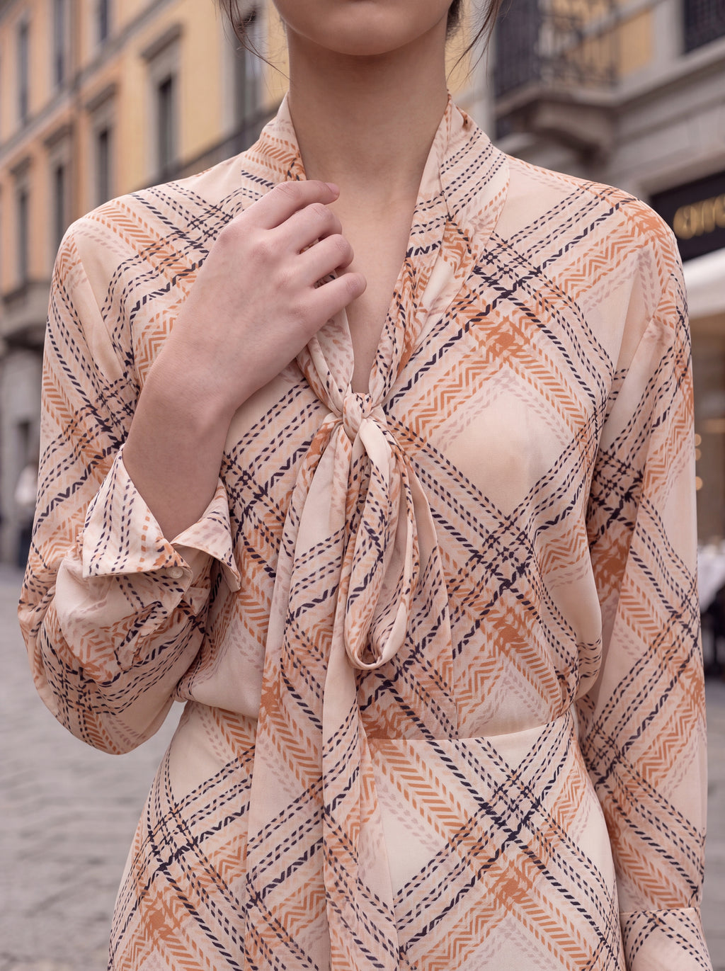 Women's Blush Check Print Tie-Neck Midi Dress