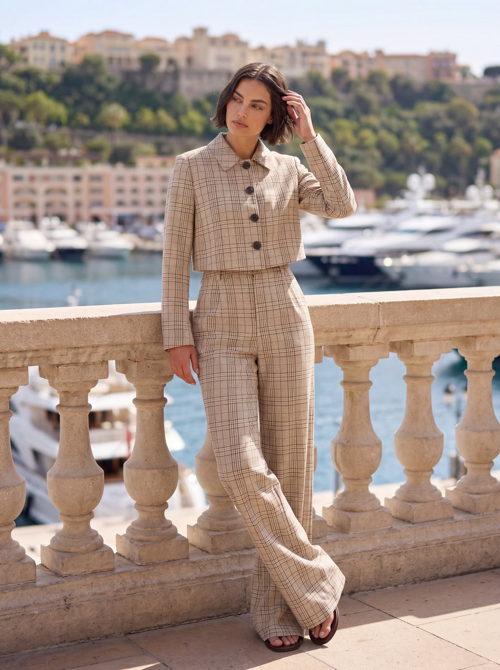 Women's Beige Plaid High-Waisted Wide-Leg Tailored Trousers – Premium European Check Formal Pants
