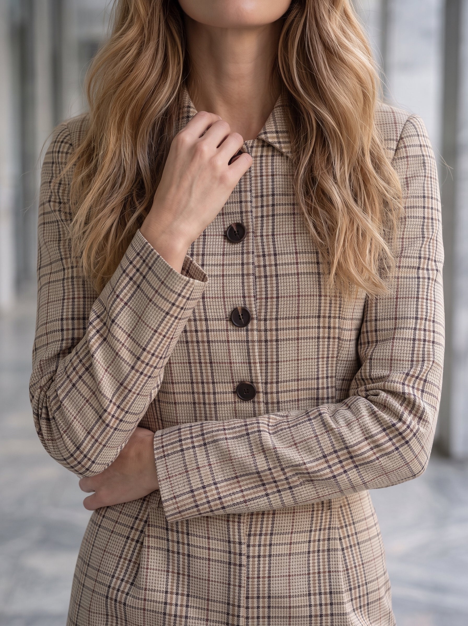 Women's Beige Checkered Cropped Blazer