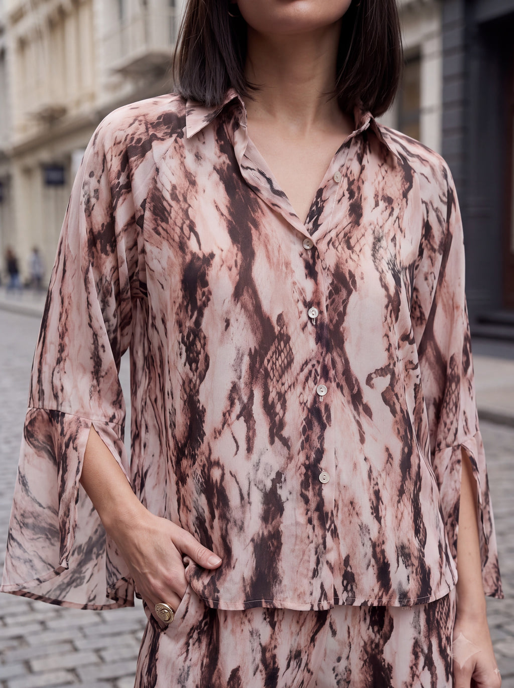 Women's Marble Print Pair Collection | Premium European Women's Printed Shirt & Wide-Leg Trouser Pair