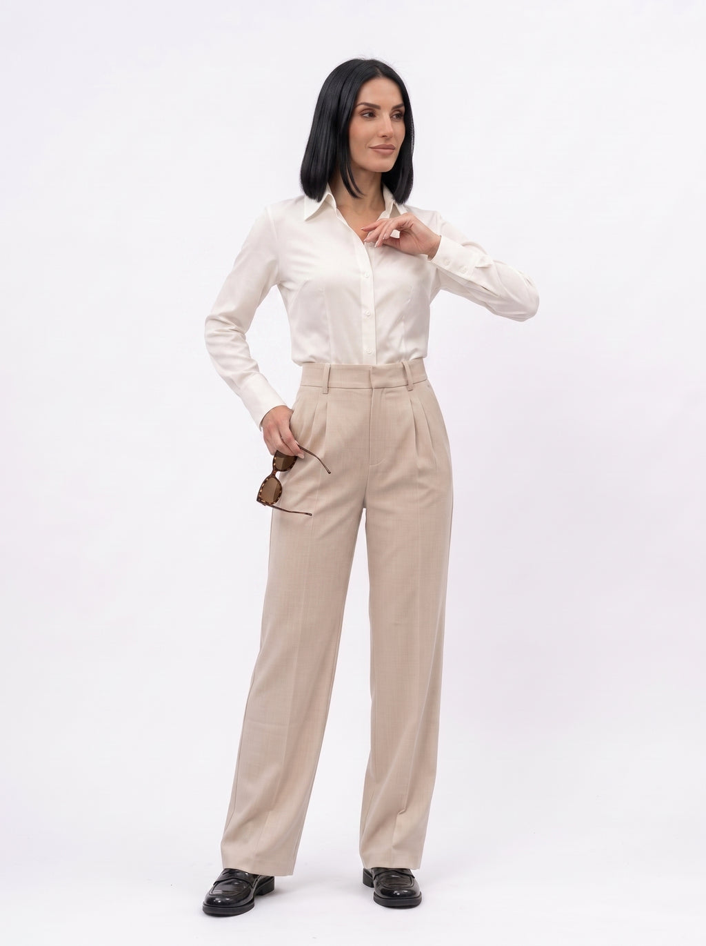Women's Beige High-Waisted Wide-Leg Tailored Trousers – Premium European Formal Office Pants