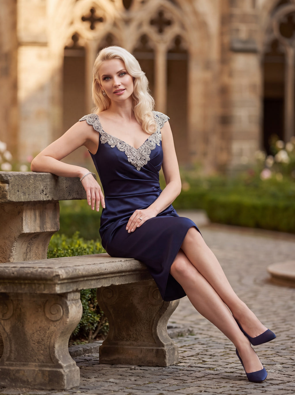 Navy Satin Embellished Cocktail Midi Dress