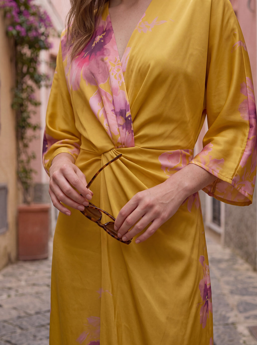 Women's Floral Satin Twist Waist Midi Dress – Mustard Yellow
