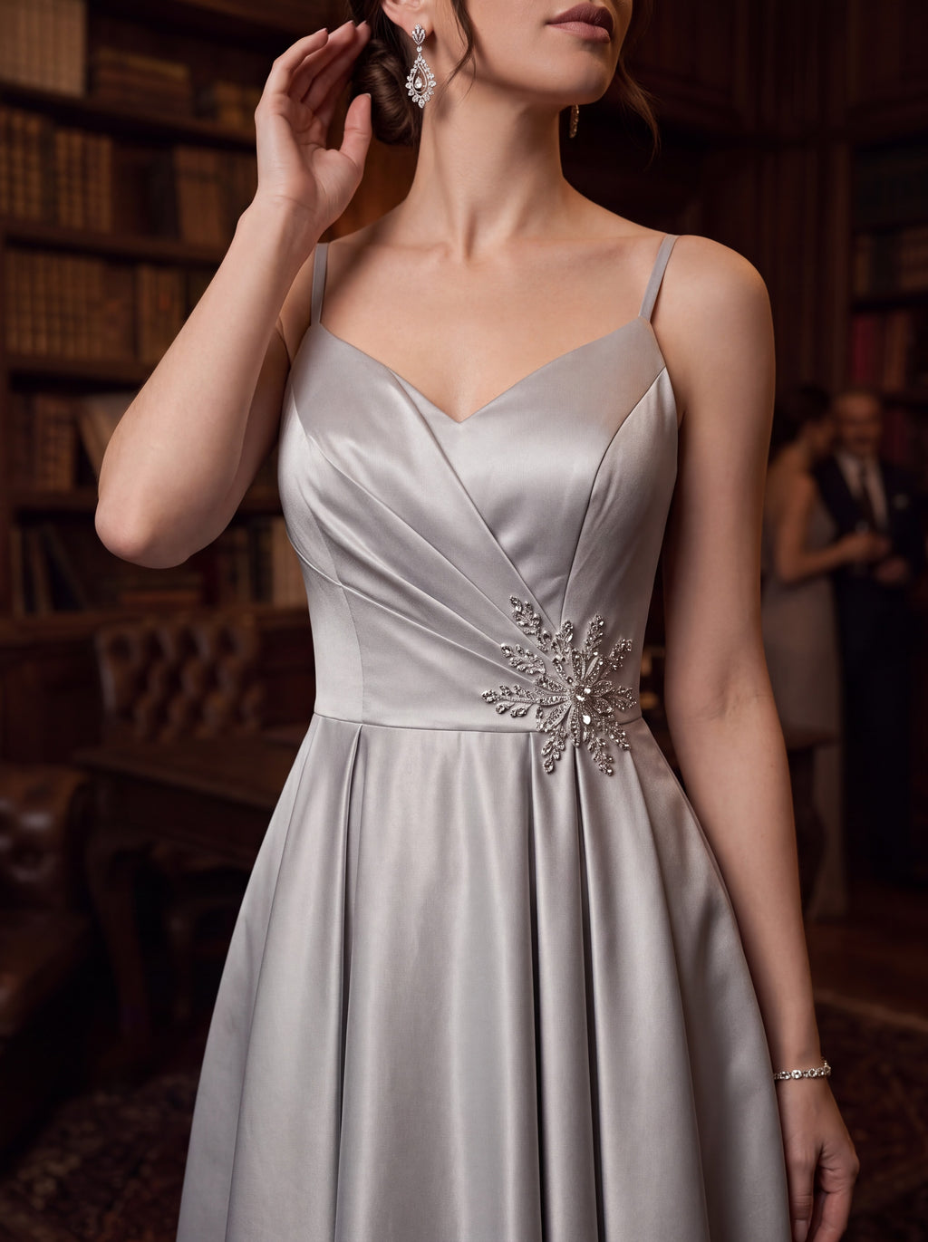 Silver Satin A-Line Midi Dress