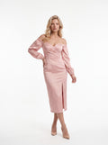 Blush Pink Off-Shoulder Satin Midi Dress