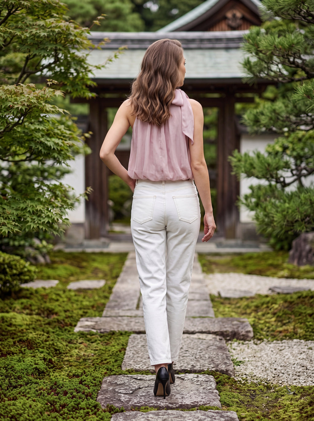 Women's Blush Pink Bow Neck Sleeveless Top | Premium European Women's Elegant Blouse