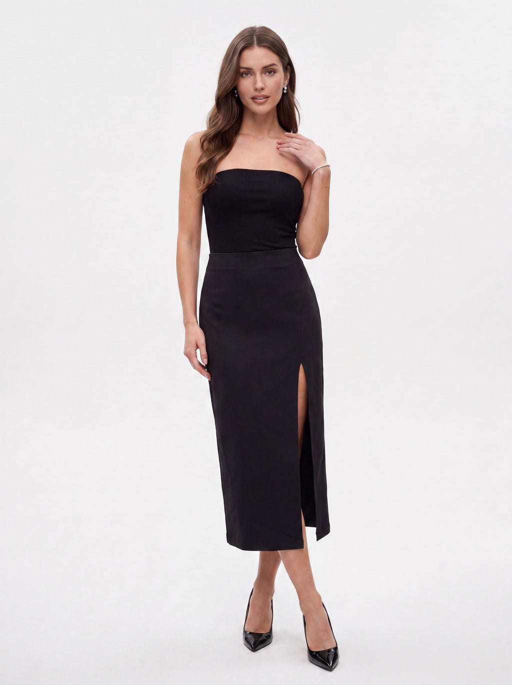 Women's Black Strapless Midi Dress | Premium Bodycon Evening Dress with Side Slit