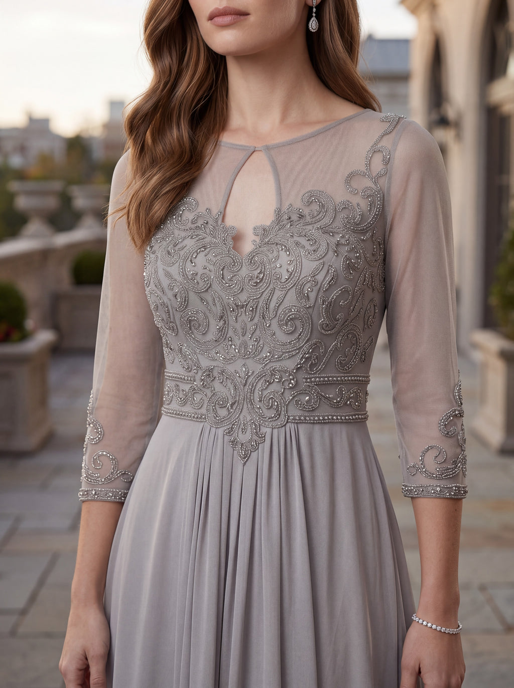 Silver Grey Embroidered Chiffon Maxi Dress