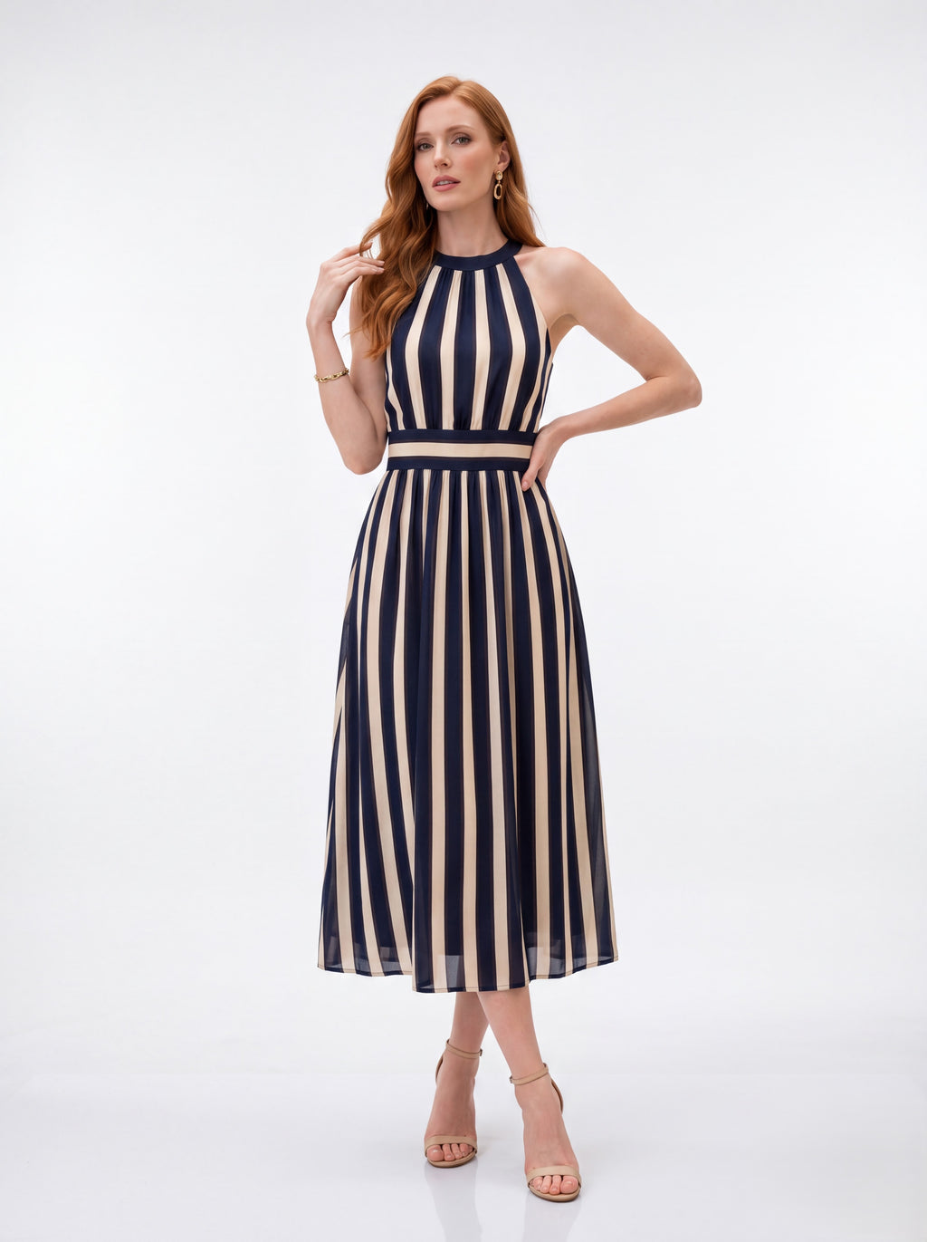 Navy & Beige Striped Halter Midi Dress