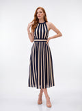 Navy & Beige Striped Halter Midi Dress