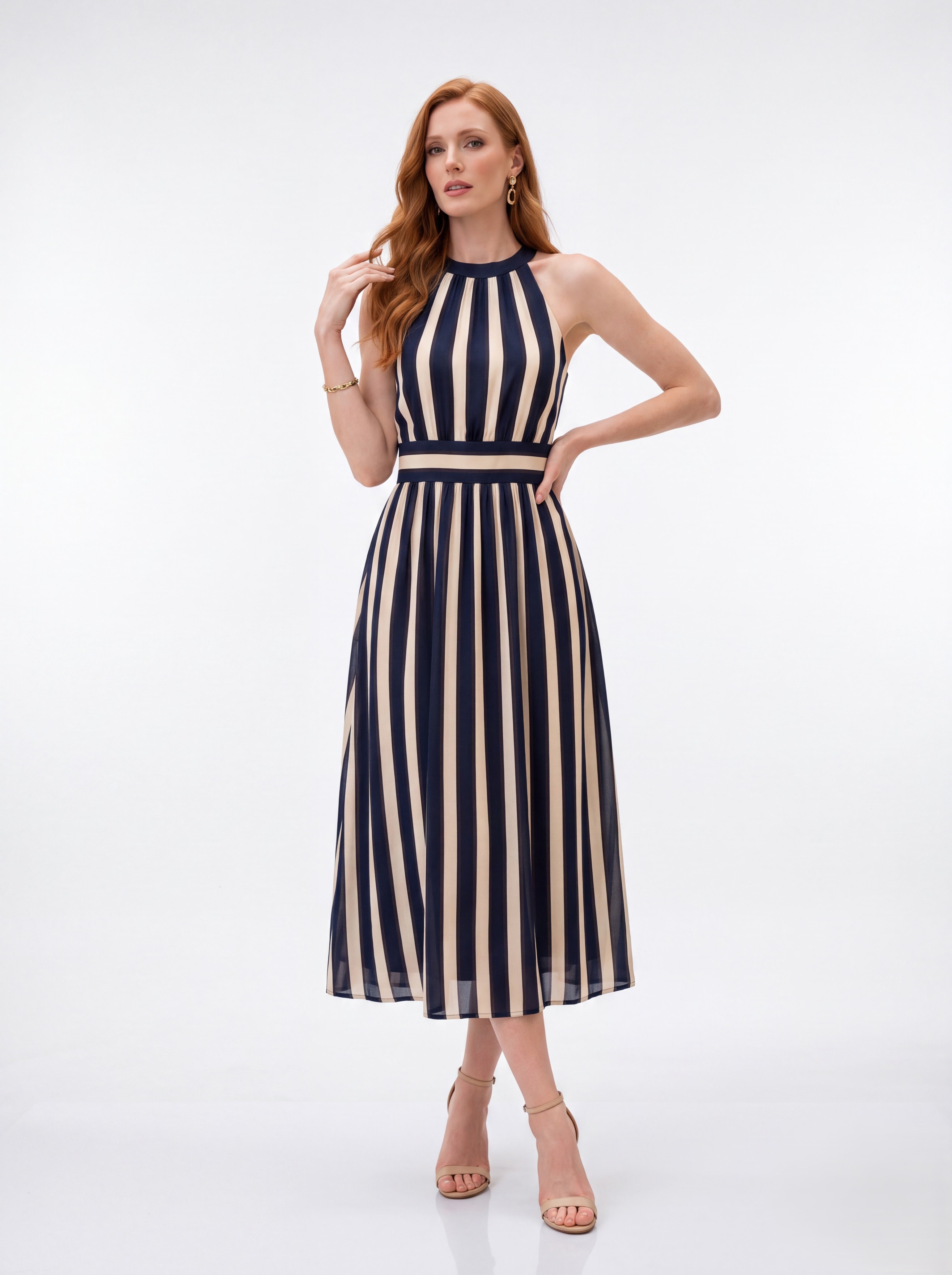 Navy & Beige Striped Halter Midi Dress