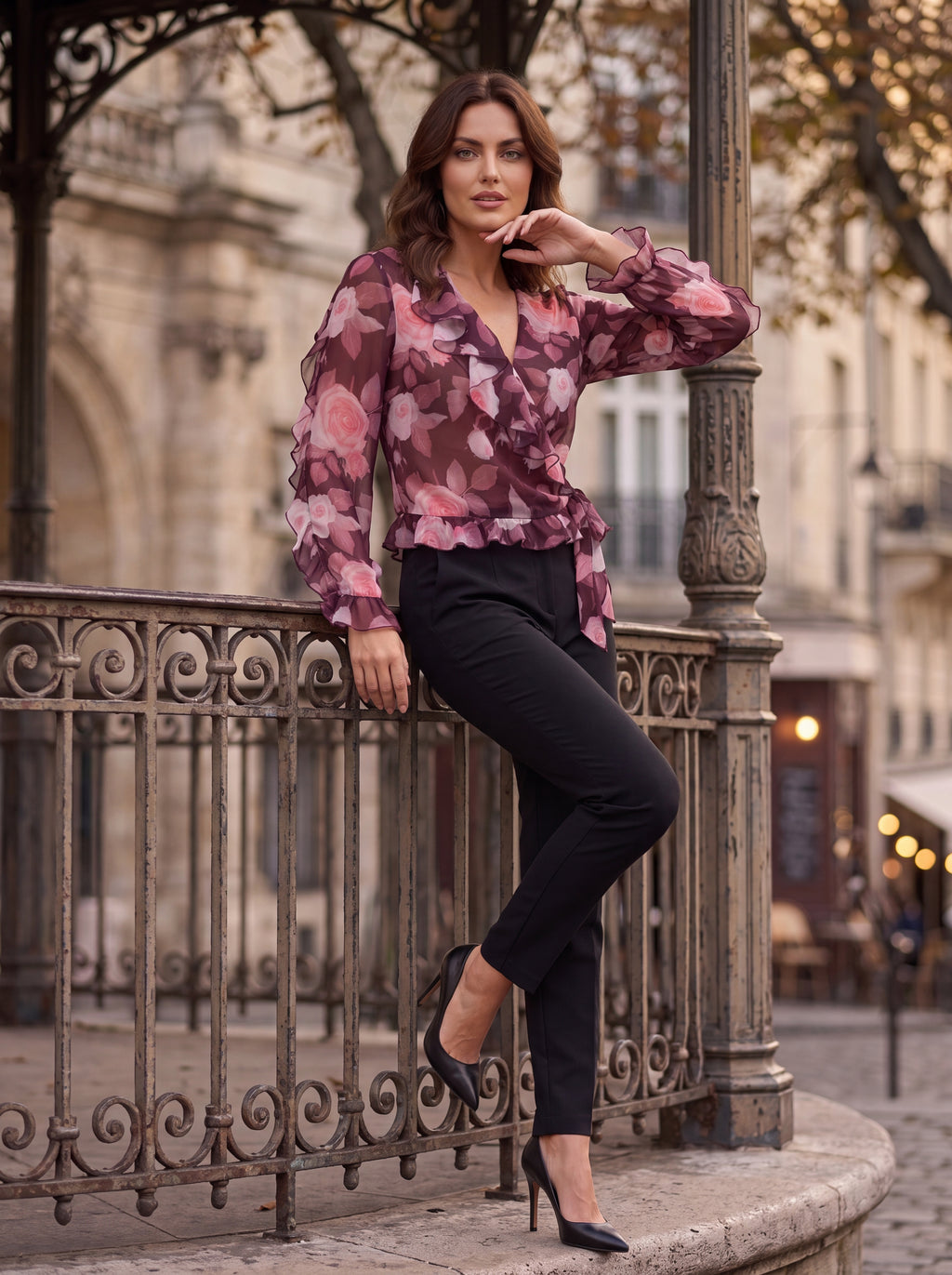 Women's Floral Ruffle Wrap Top | Premium European Sheer Blouse