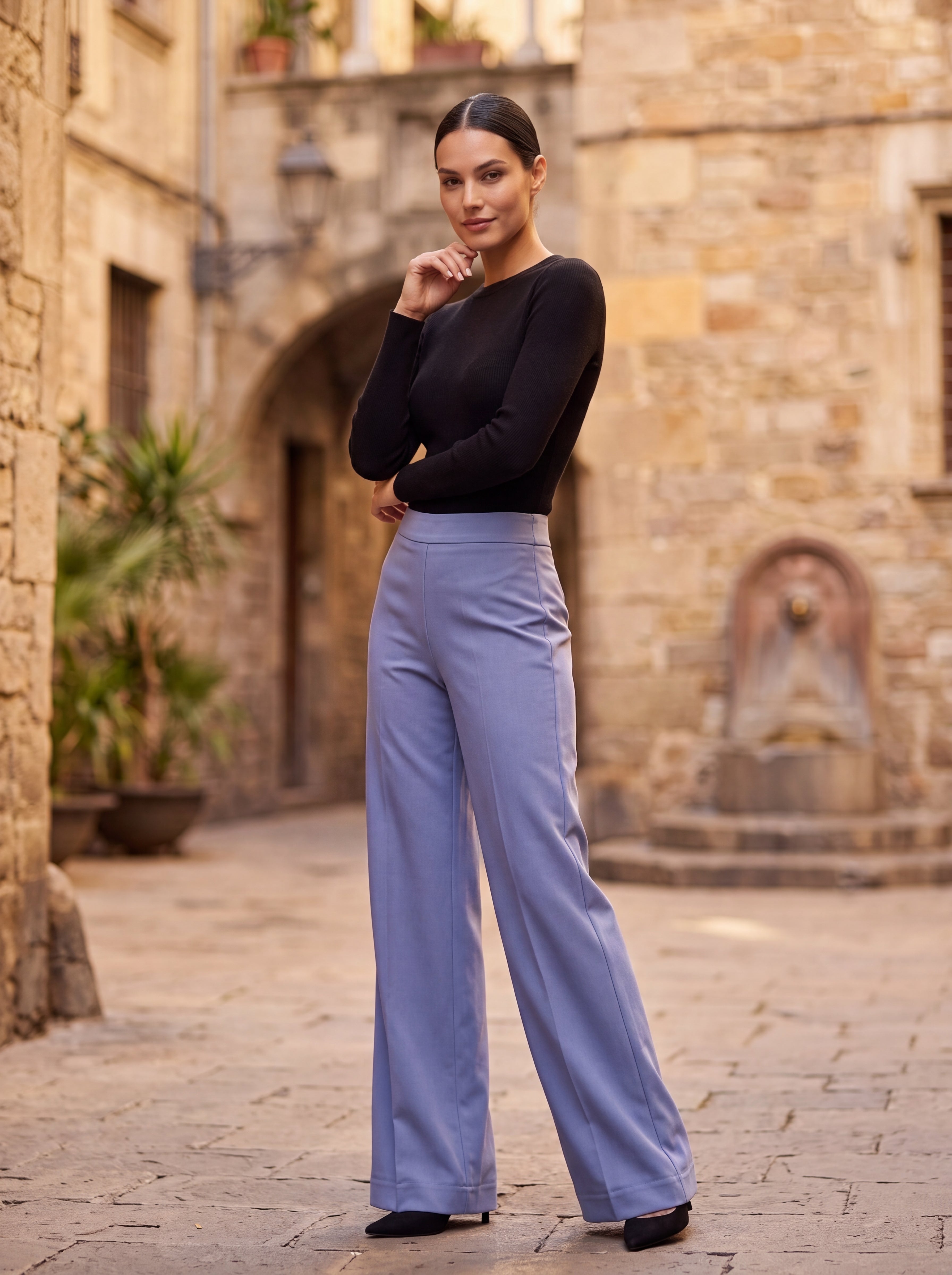 Women's Powder Blue Wide Leg Trousers – Premium European High-Waisted Formal Pants
