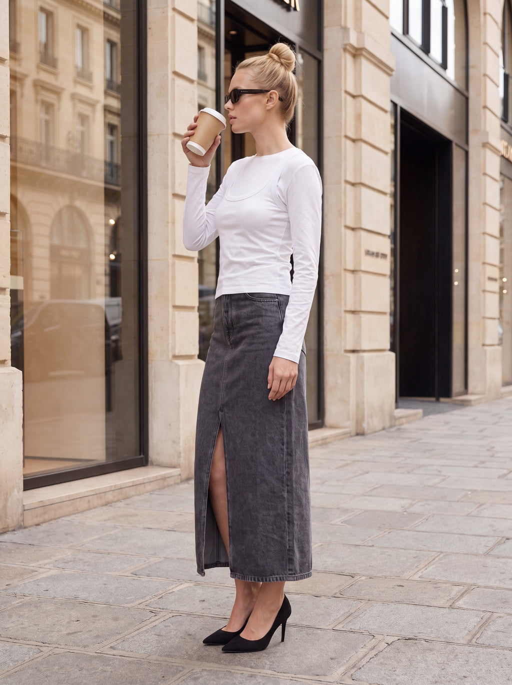 Women's Washed Charcoal Denim Midi Skirt