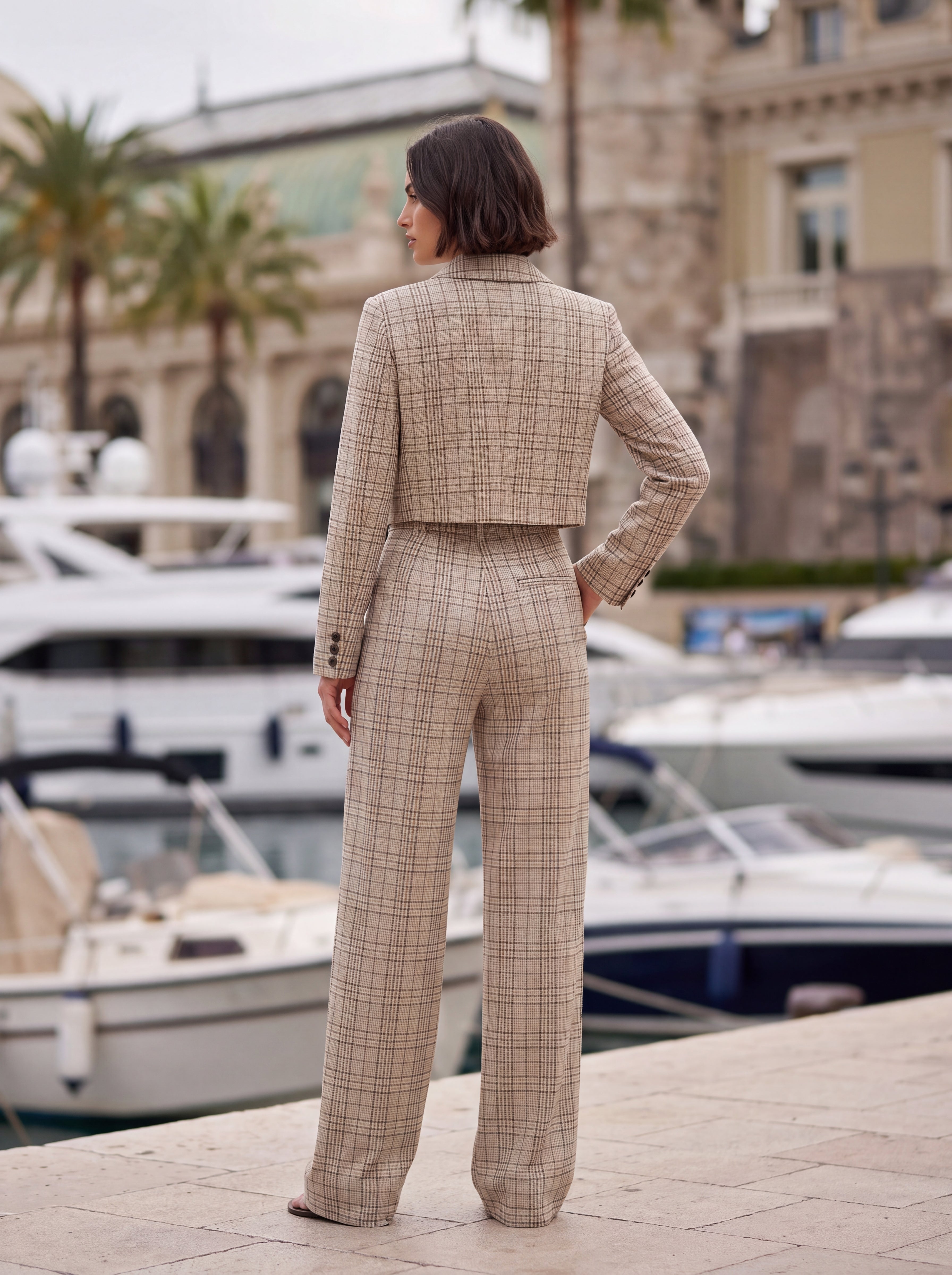 Women's Beige Plaid High-Waisted Wide-Leg Tailored Trousers – Premium European Check Formal Pants