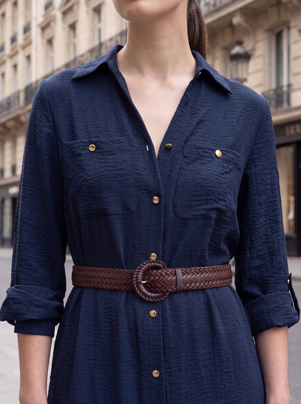 Women's Navy Button-Front Shirt Midi Dress with Belt