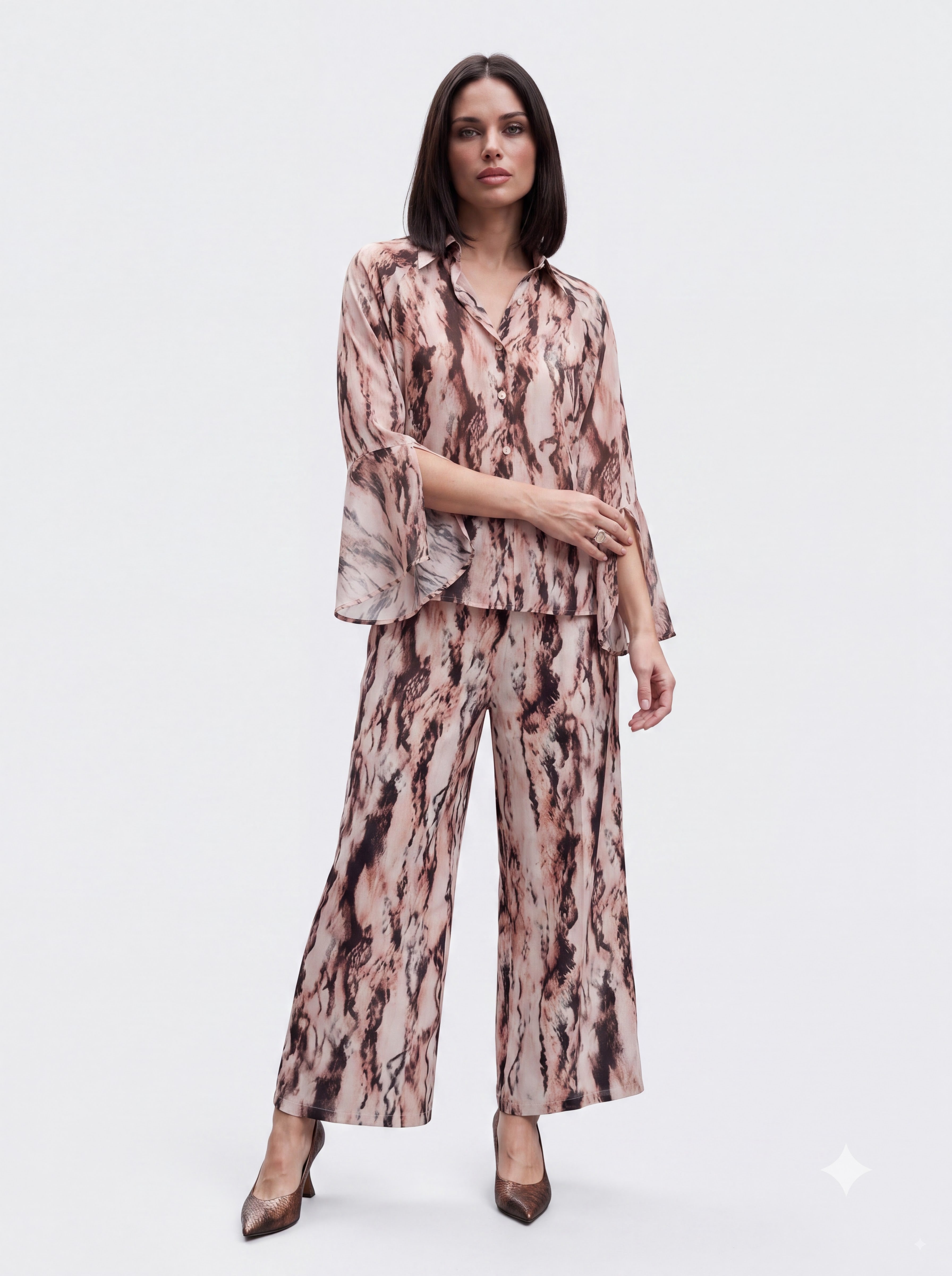 Women's Marble Print Pair Collection | Premium European Women's Printed Shirt & Wide-Leg Trouser Pair