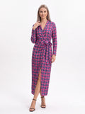 Women's Pink & Purple Geometric Wrap Midi Dress – Premium European Printed Long Sleeve Dress